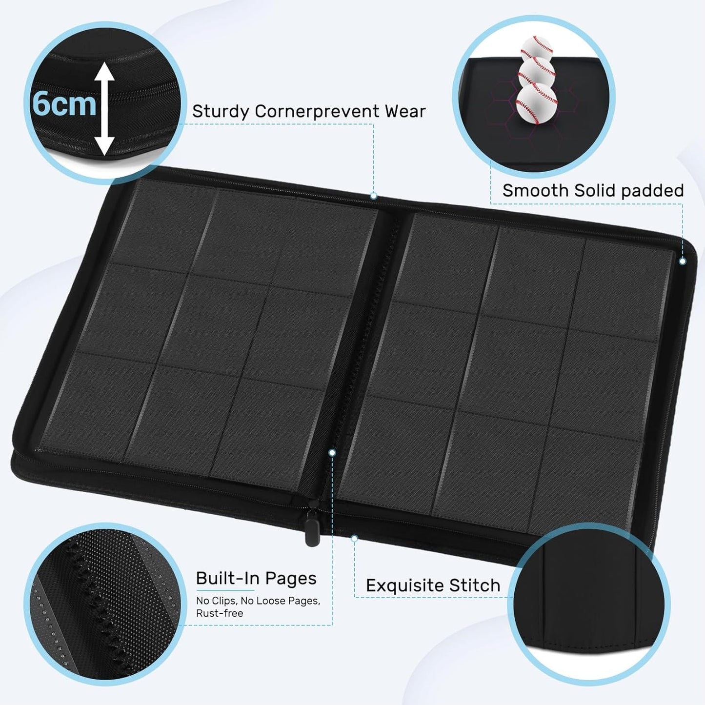 9 Pocket Trading Card Zip Binder, 30 Pack Side-Loading Card Album, Ringless Card Binder with Premium Textured Faux Leather Cover, 540 Cards Folder for Collectible Game, MTG, TCG, Sports Cards, Blue