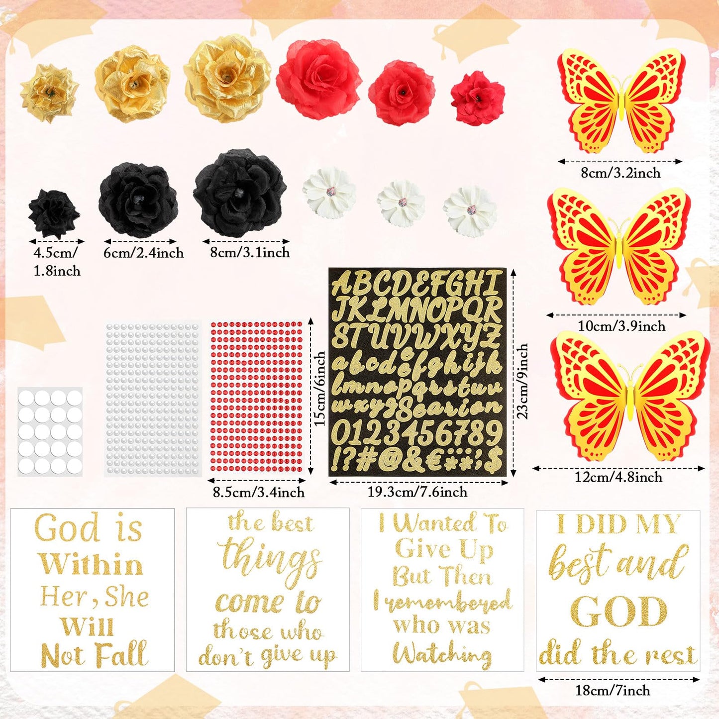 Solsew 35 Pcs DIY Graduation Cap Decorations Kit, Include Faux Flower 3D Butterfly Graduation Quote