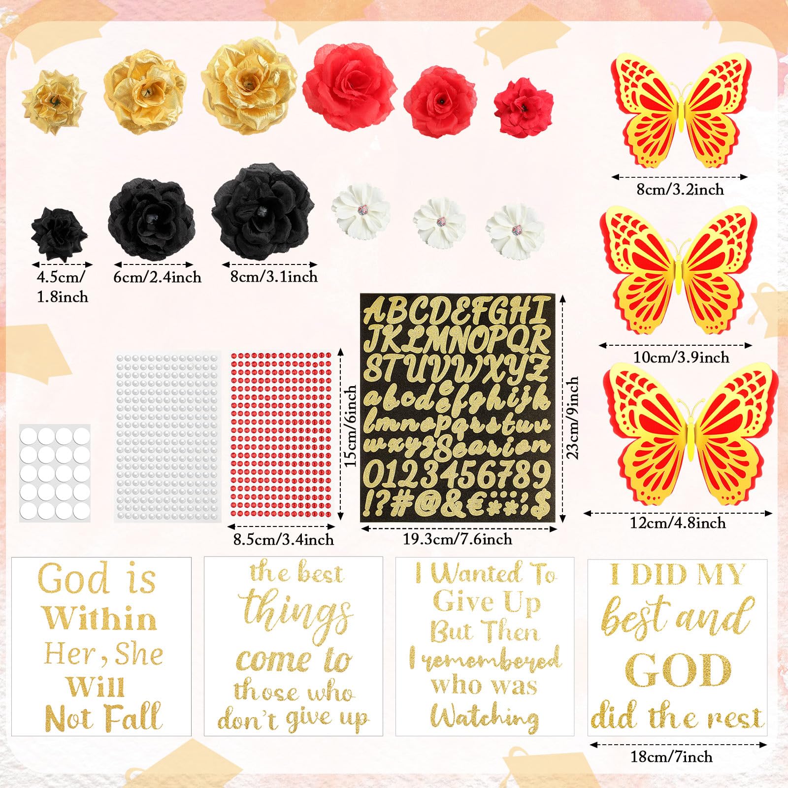 Solsew 35 Pcs DIY Graduation Cap Decorations Kit, Include Faux Flower 3D Butterfly Graduation Quote