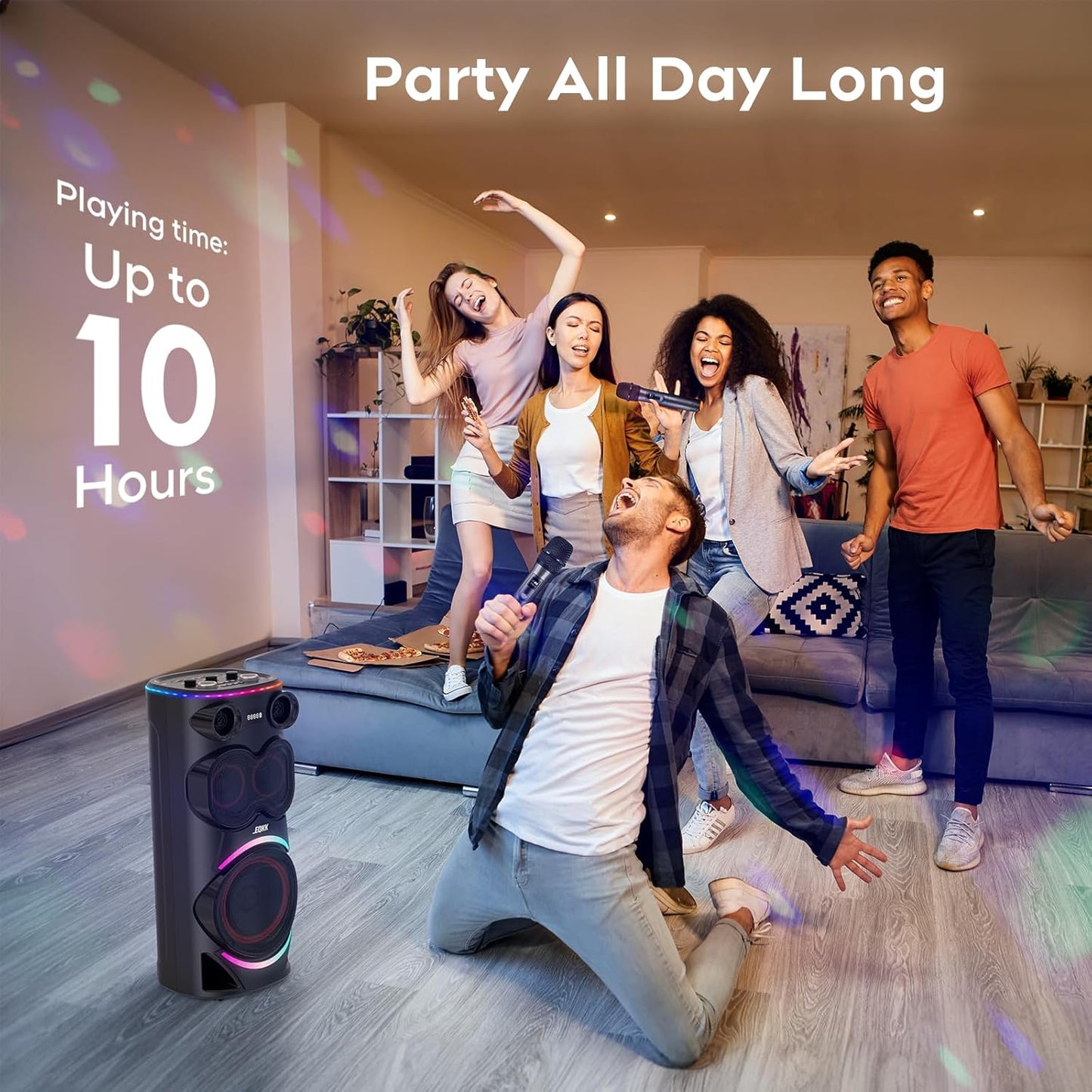 25.9''Karaoke Machine with Two Wireless Microphones and Dynamic Party Lights, Outdoor Bluetooth Speaker with 8” Woofer Wireless with Party Speaker,Speakers Support Bi-Amping(Stage Monitors)