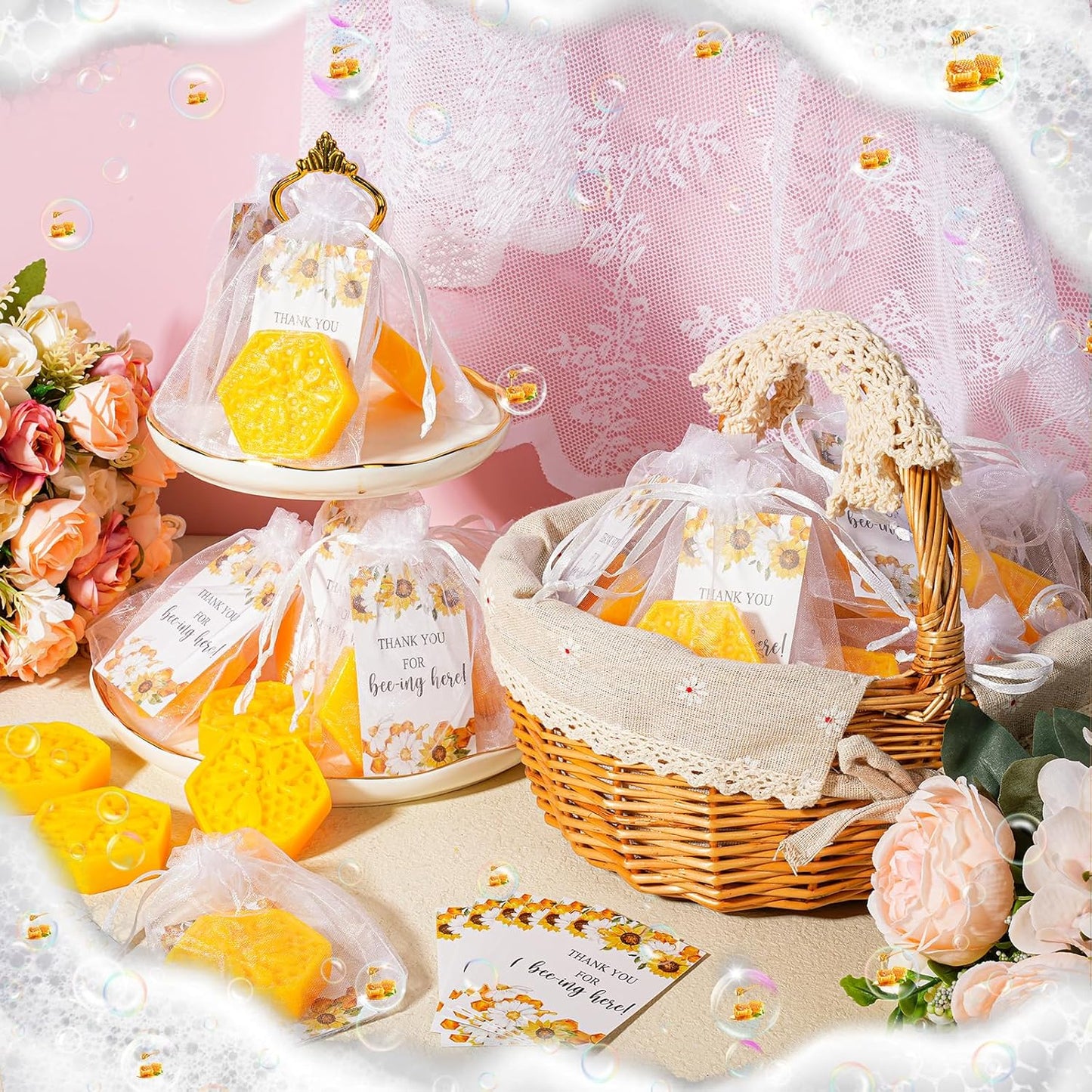 Demissle 100 Set Bee Themed Baby Shower Favors Including Honeycomb Soap with Thank You Card Gift Bags Honey Soap Gift for Guest Gender Reveal Party Decorations Baby Shower Game Prizes