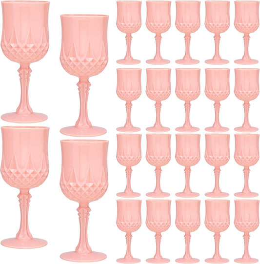 Plastic Vintage Wine Glasses 7OZ Plastic Goblets Vintage Drinking Glasses 24PCS Retro Wedding Glassware Water Goblets Reusable Drinking Cups for Party,Reception,Celebration,Bar,Whiskey(Light Pink)