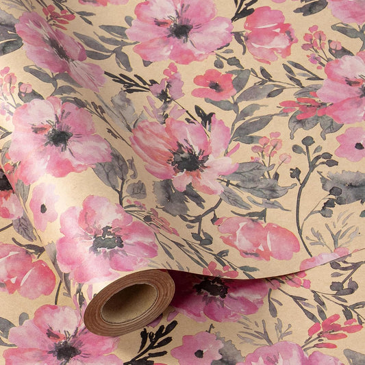 RUSPEPA Pink Flower Gift Wrapping Paper, 17 x 32.8 Feet, Mini Roll, Floral Gift Wrap Kraft Paper Roll for Women, Girls, Spring and Summer, Wedding and Bridal Shower