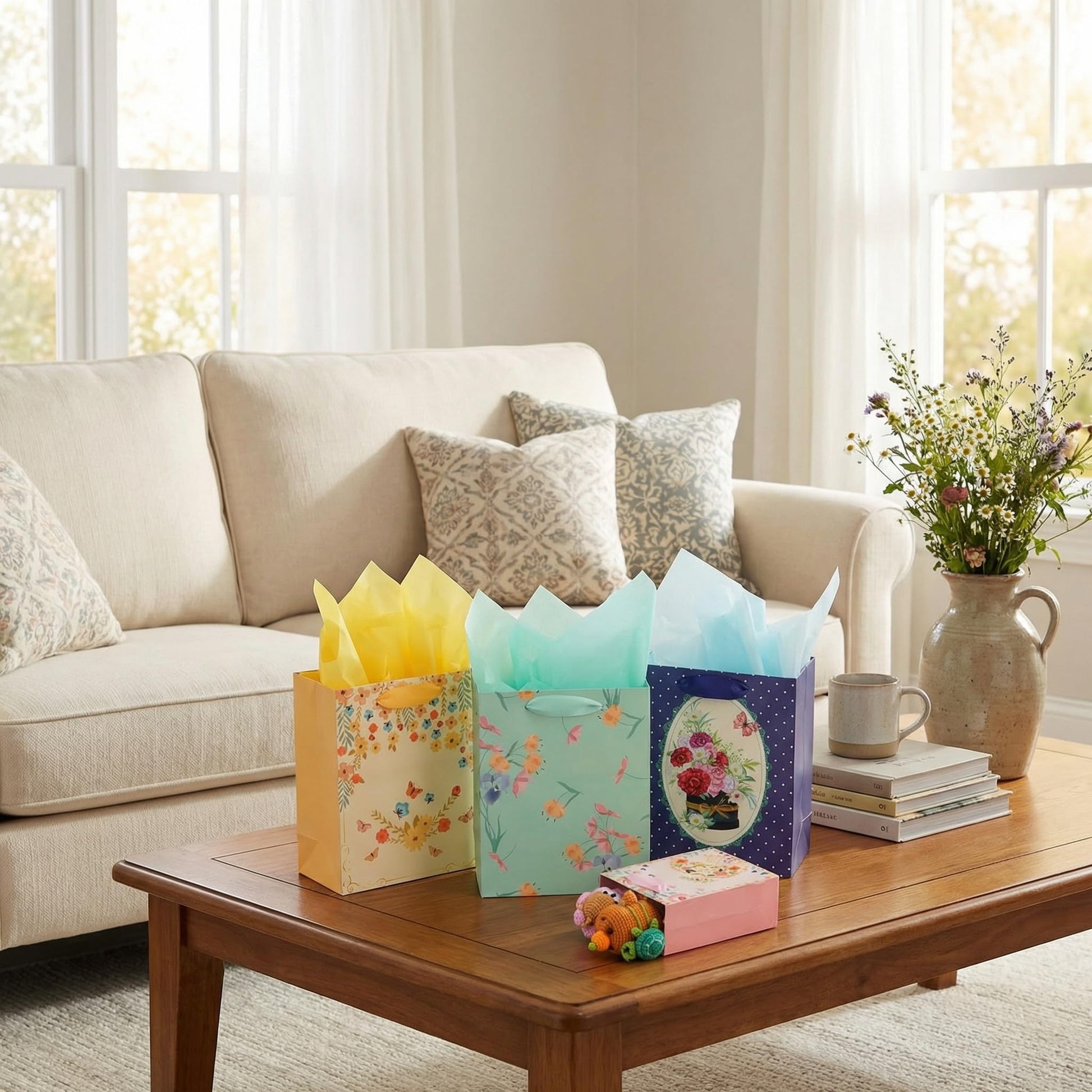 Nihuecne 8 Pack Floral Kraft Gift Bags Assorted Sizes with Tissue Paper