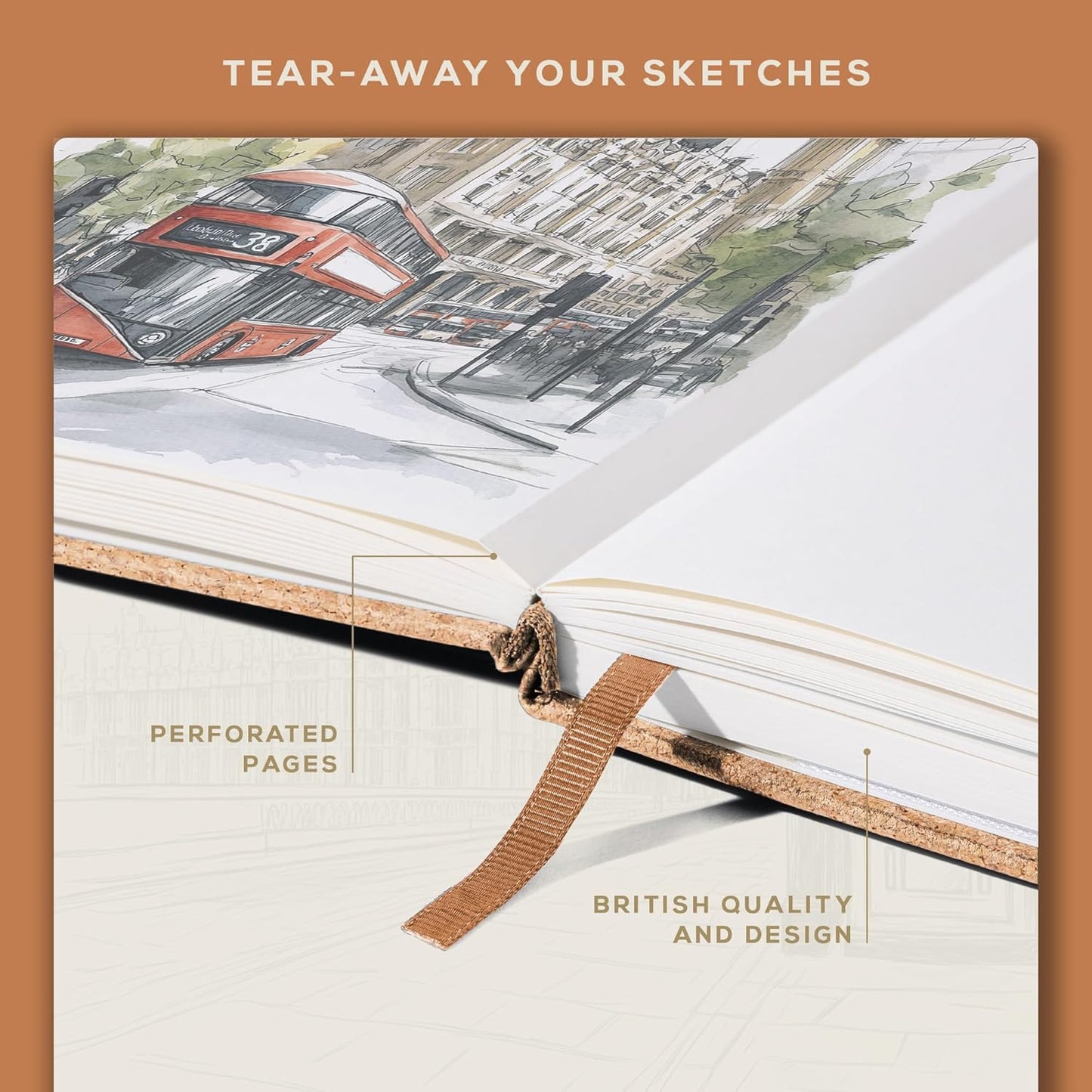 Beechmore Books A4 Sketchbook ??8.5x11 Premium Vegan Leather Bound Large Sketch Book Hardcover with 156 Thick 160gsm Perforated Ivory Pages, Blank Sketch Pad, Gift Boxed, Back Pocket, Ribbon Bookmark