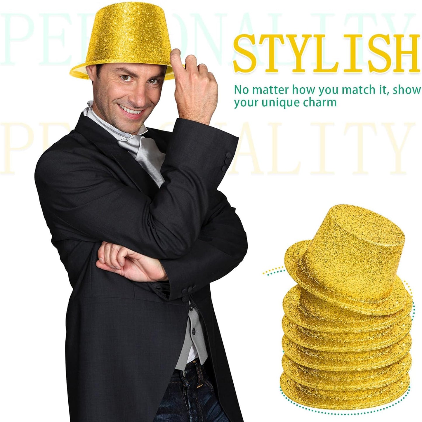 Hillban 24 Pcs Halloween Glitter Top Hat Bowler for Adults 1920s Dress Glitter Hats for Masquerades Party