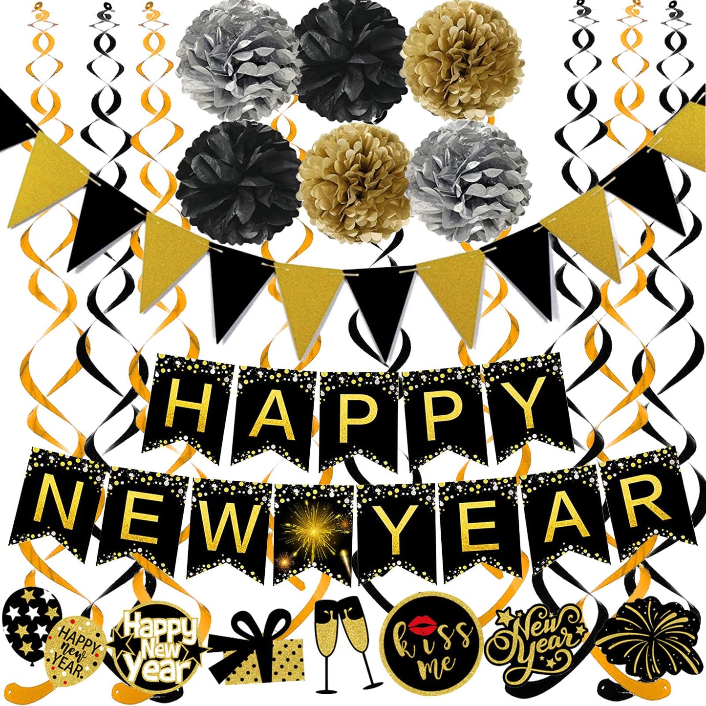 Famoby Happy New Year Banner Pom poms Triangle flag Swirls Garland Hanging Bunting for Happy New