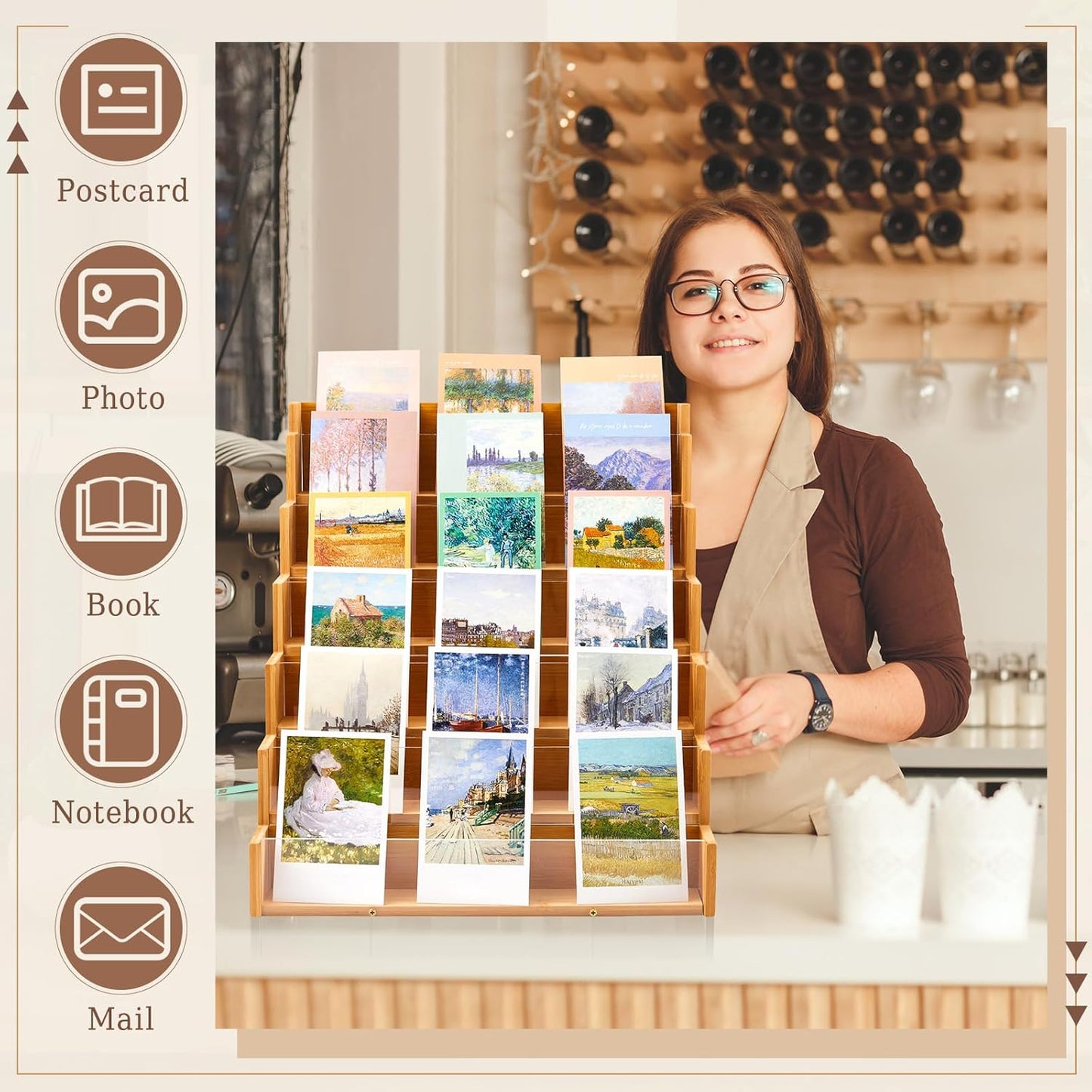 6 Tier Greeting Card Display Stand Wood Color Bamboo and Acrylic Sticker Display Stand Trading Card Holder Retail Photos Shelf for Vendors Craft Collection & Show