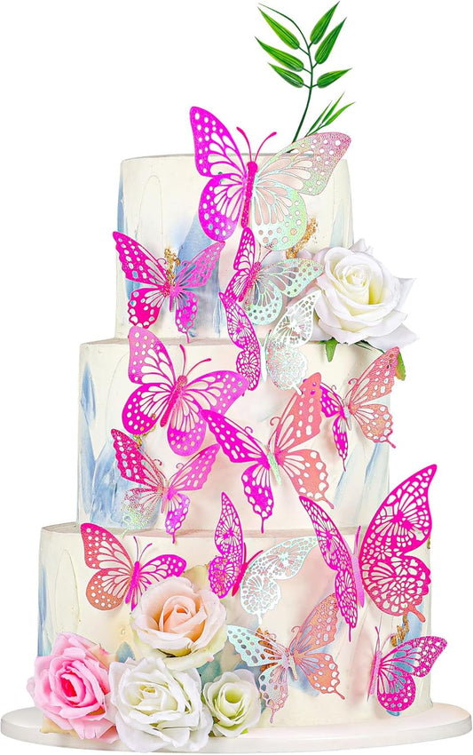 Gyufise 36 Pack Laser Purple Red Glitter 3D Butterfly Cupcake Toppers Hollow Cake Decorations for Birthday Wedding Fairy Party Wall Sticker Decal