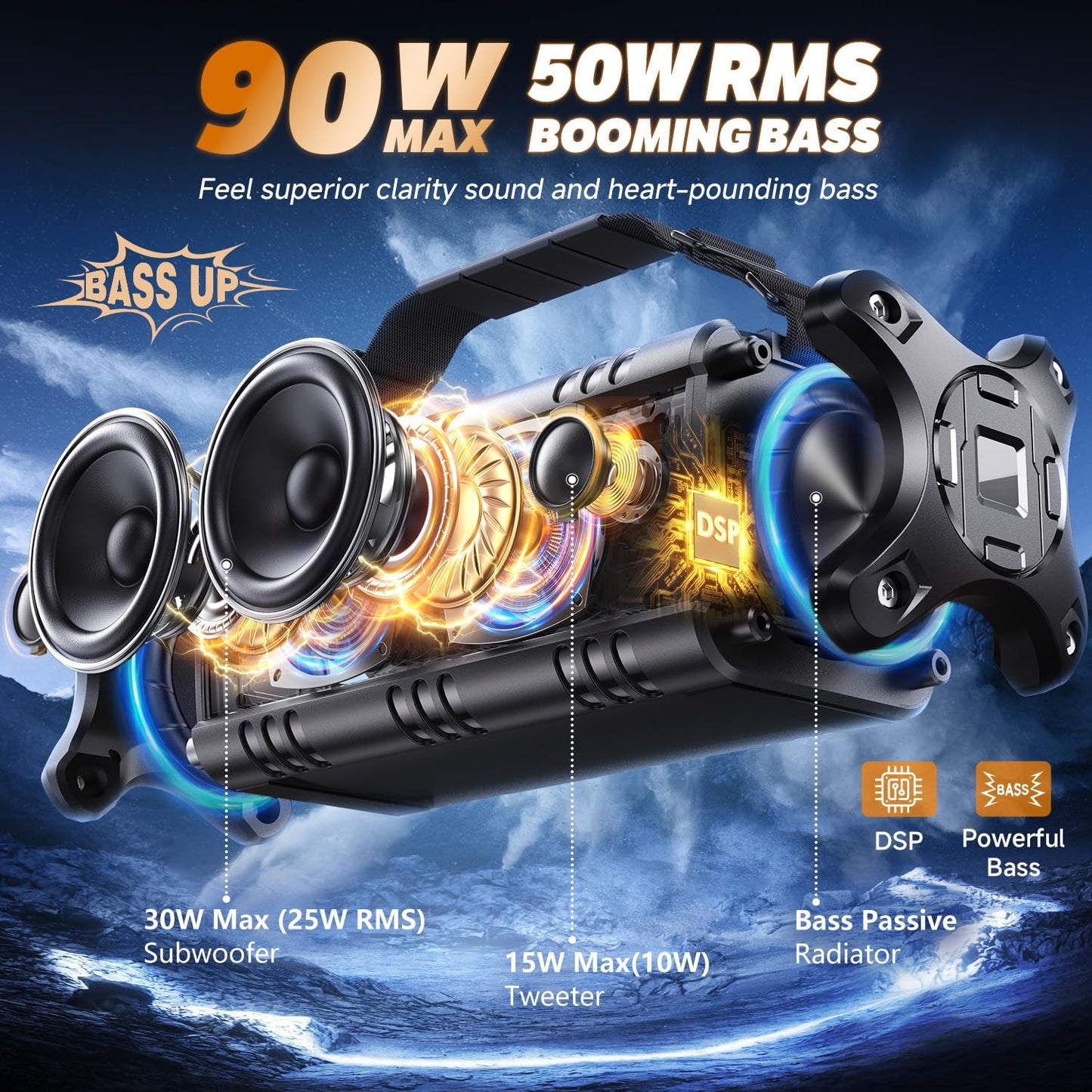 W-KING Bluetooth Speaker, 90W Max Portable Outdoor Speaker Loud, IPX6 Waterproof/50W Deep Bass Subwoofer/40H/EQ/Dual Pairing/TF/AUX, Large Boombox Speakers Bluetooth Wireless for Party/Beach/Jobside