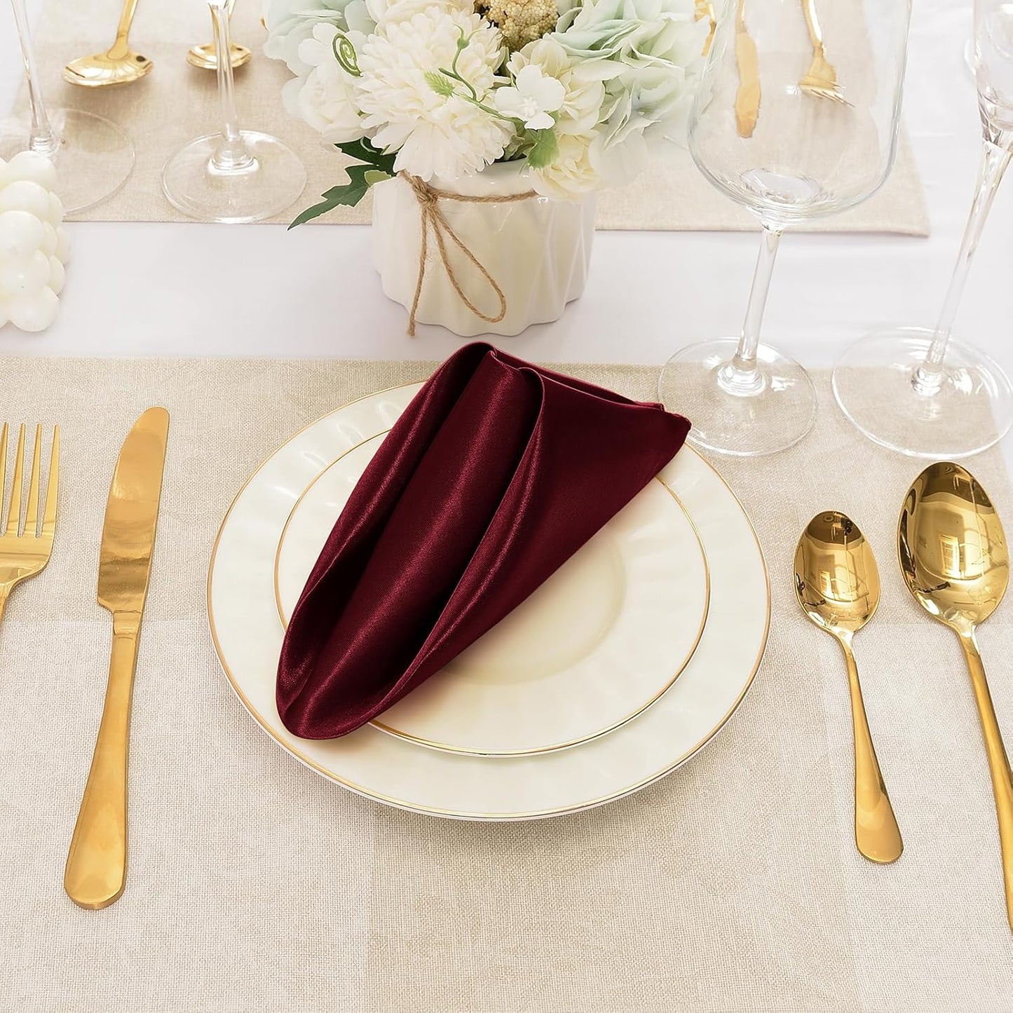 12 Pieces Burgundy Satin Napkins, 17" x 17" Square Table Napkins, Silky Soft Smooth Washable Napkins for Restaurant, Weddings, Dinner, Party Decoration