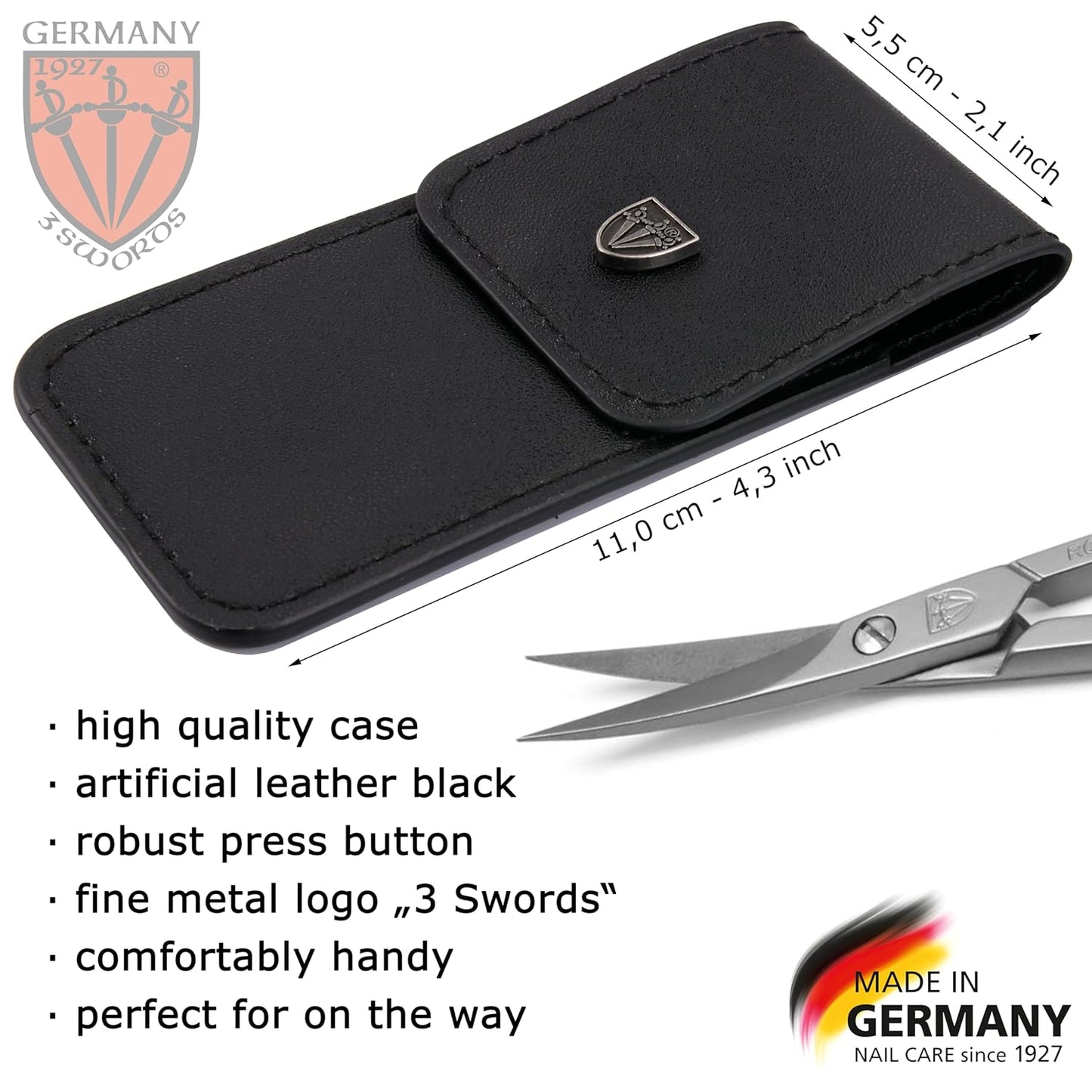 3 Swords Germany - brand quality STAINLESS STEEL INOX CURVED CUTICLE SCISSORS (1 PIECE) with case for manicure pedicure - nail care by 3 Swords - Made in Germany