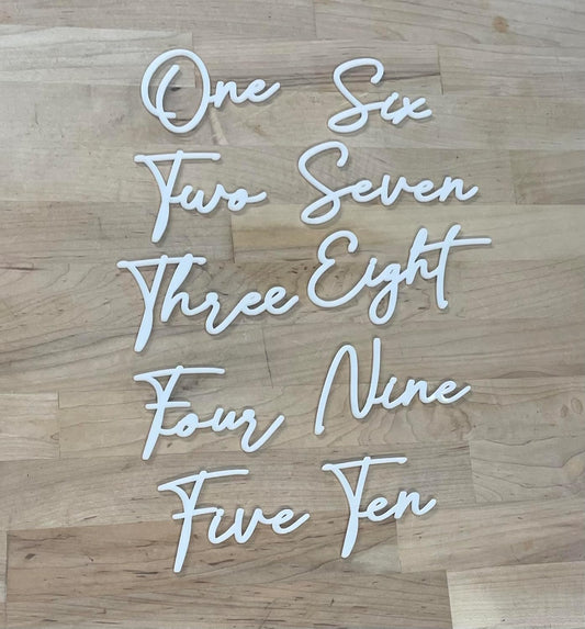 Cursive Wedding Table Number SET, DIY thin modern Black or White acrylic cutouts with silicone glue included. Words only, no backing (One - Twenty, Gloss White)