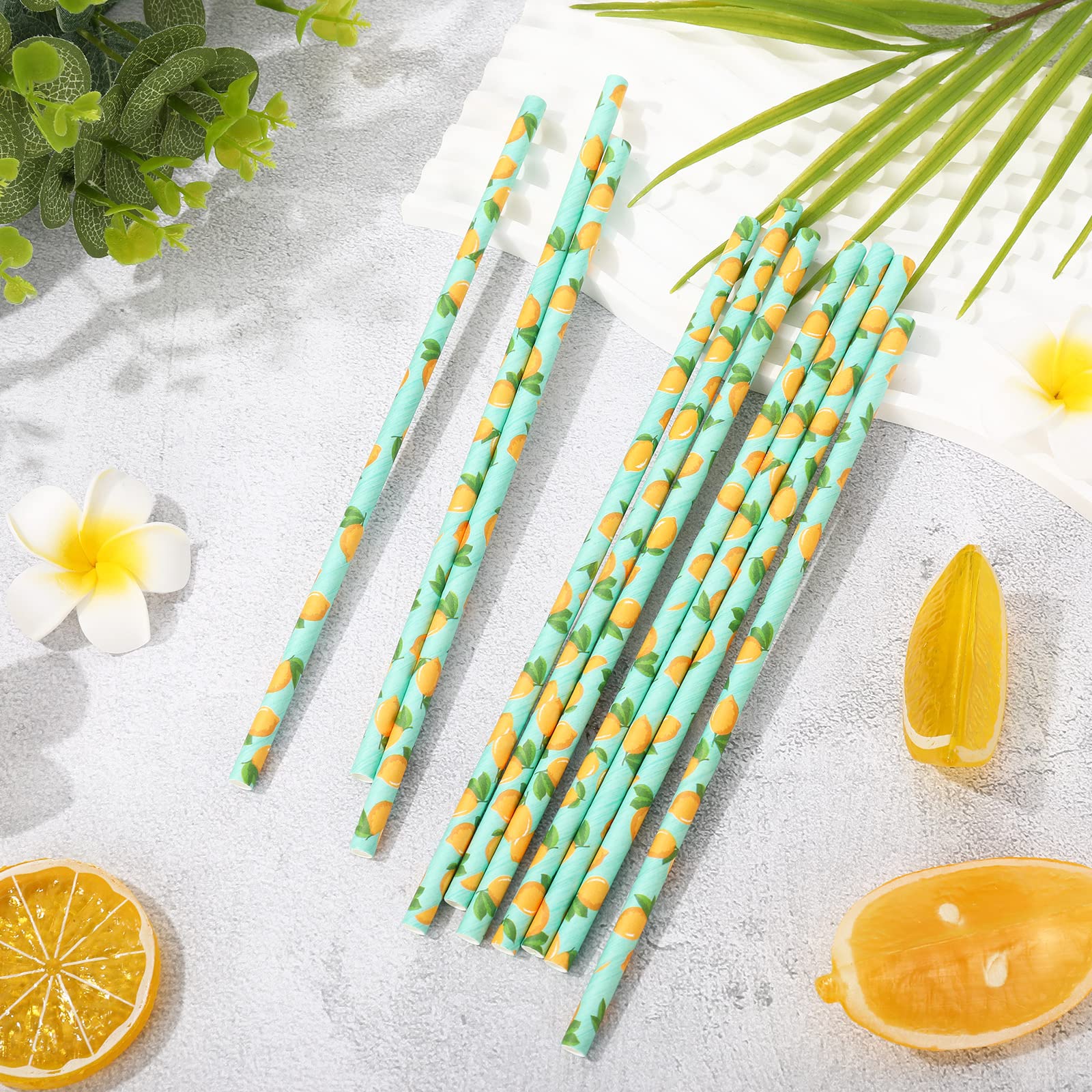 Whaline 200Pcs Watercolor Lemon Paper Straws Summer Disposable Drinking Straws Lemon Party