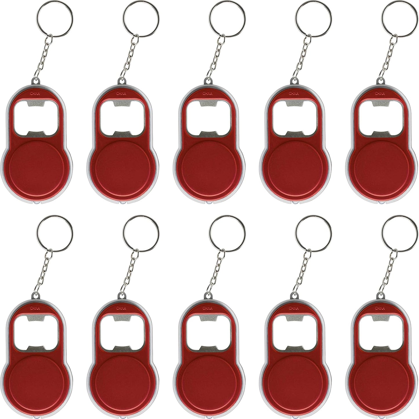 Bottle Opener & LED Keychains Set of 10, Bulk Pack - Perfect for Tradeshows, Party Favors, Other Events - Red