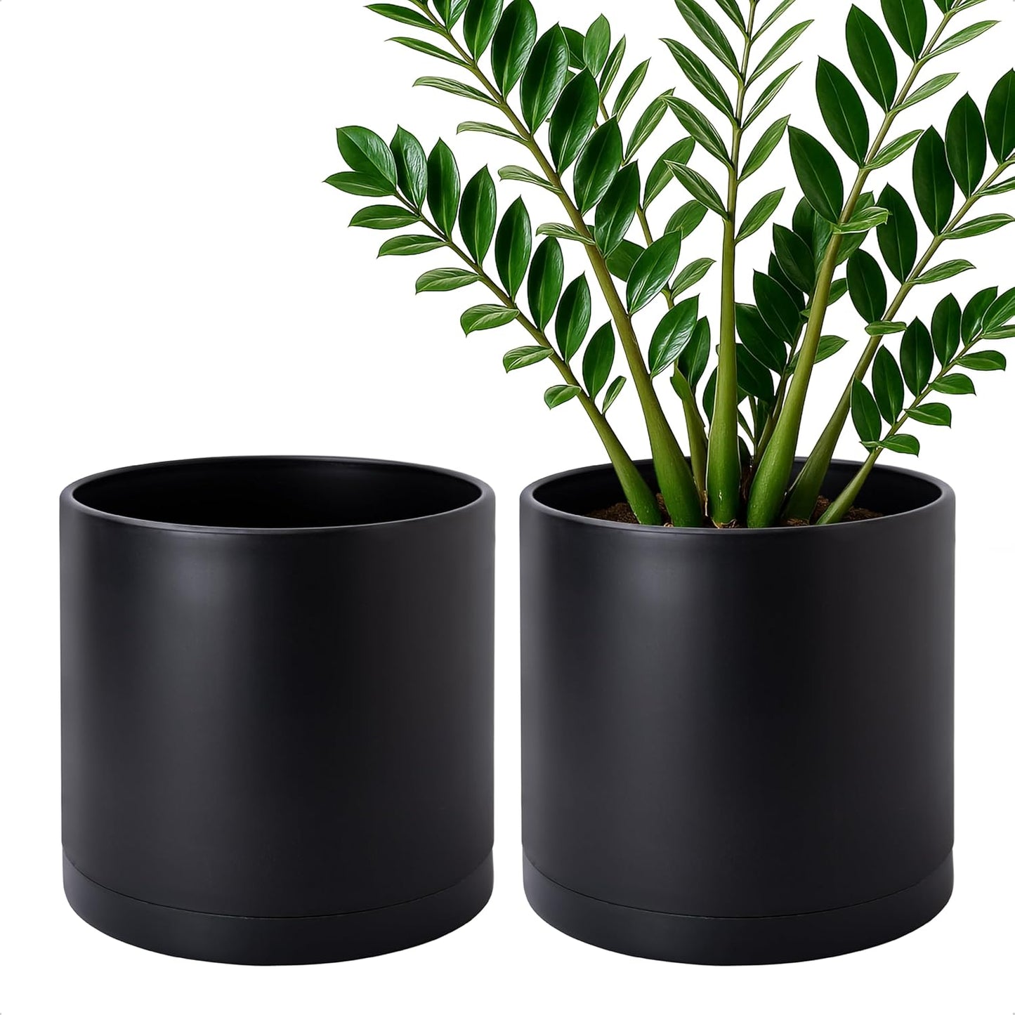 D'vine Dev 2 Pack 10 Inch Modern Plastic Plant Pots, Cylindrical Garden Planters for Plants with Drainage Holes and Saucers, Black, 74-Y-N-1