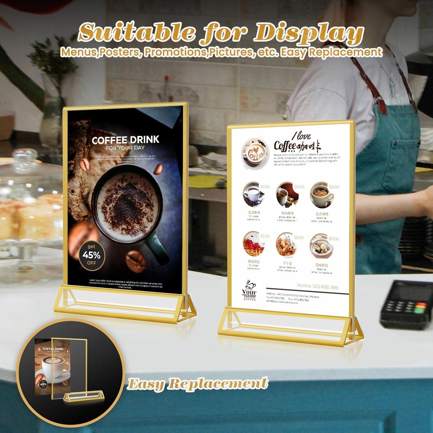 Gold Acrylic Sign Holder 4x6, 16 Pack Wedding Gold Frame Table Number Holders Vertical, Clear Picture Frames Flyer Stands Tables Menu Holder, Double Photo Paper Display Holder for Party, Home, Office