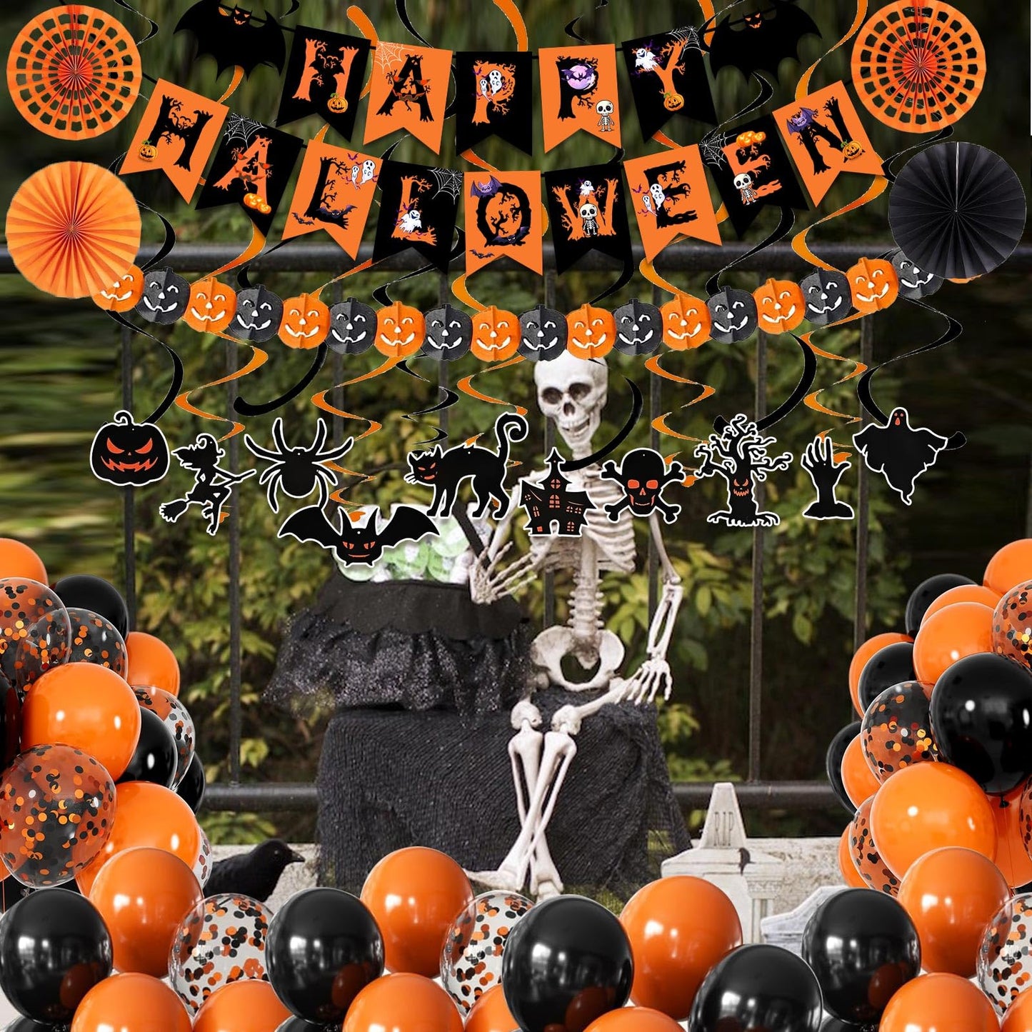 Happy Halloween Trick or Treat Banner Paper Fan Balloons & Swirl Streamers Goul Bat Cat Bird Ghost