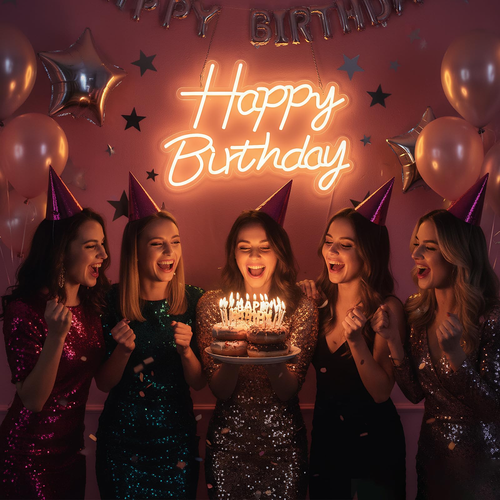 Happy Birthday Neon Sign for Backdrop, LED Happy Birthday Light Up Sign, USB Powered Dimmable Neon