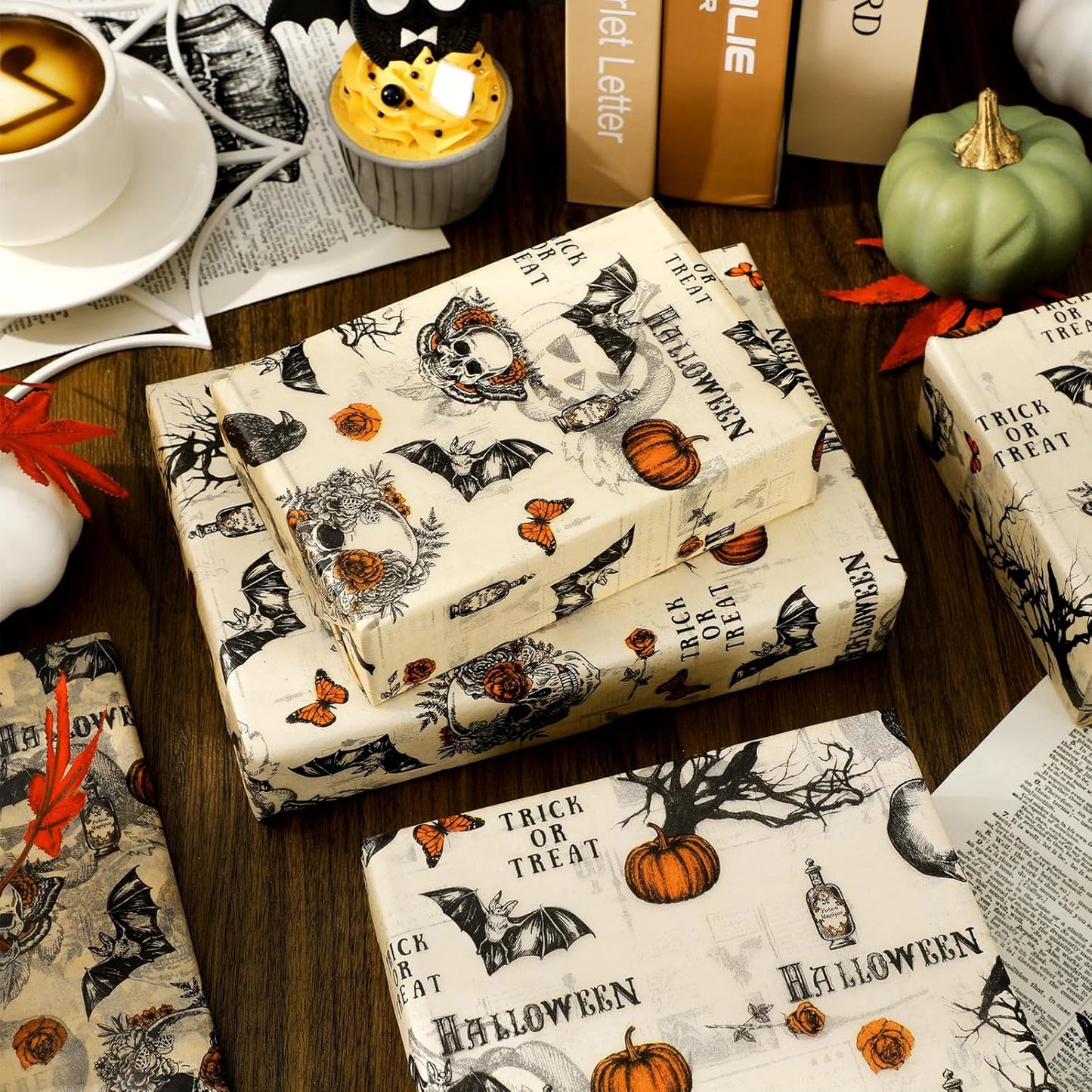 JarThenaAMCS 60 Pcs Halloween Tissue Paper Retro Gothic Skull Crow Pumpkin Wrapping Paper Decorative Art Tissue for Home Party Trick or Treat DIY Crafts, 14 x 20 Inch