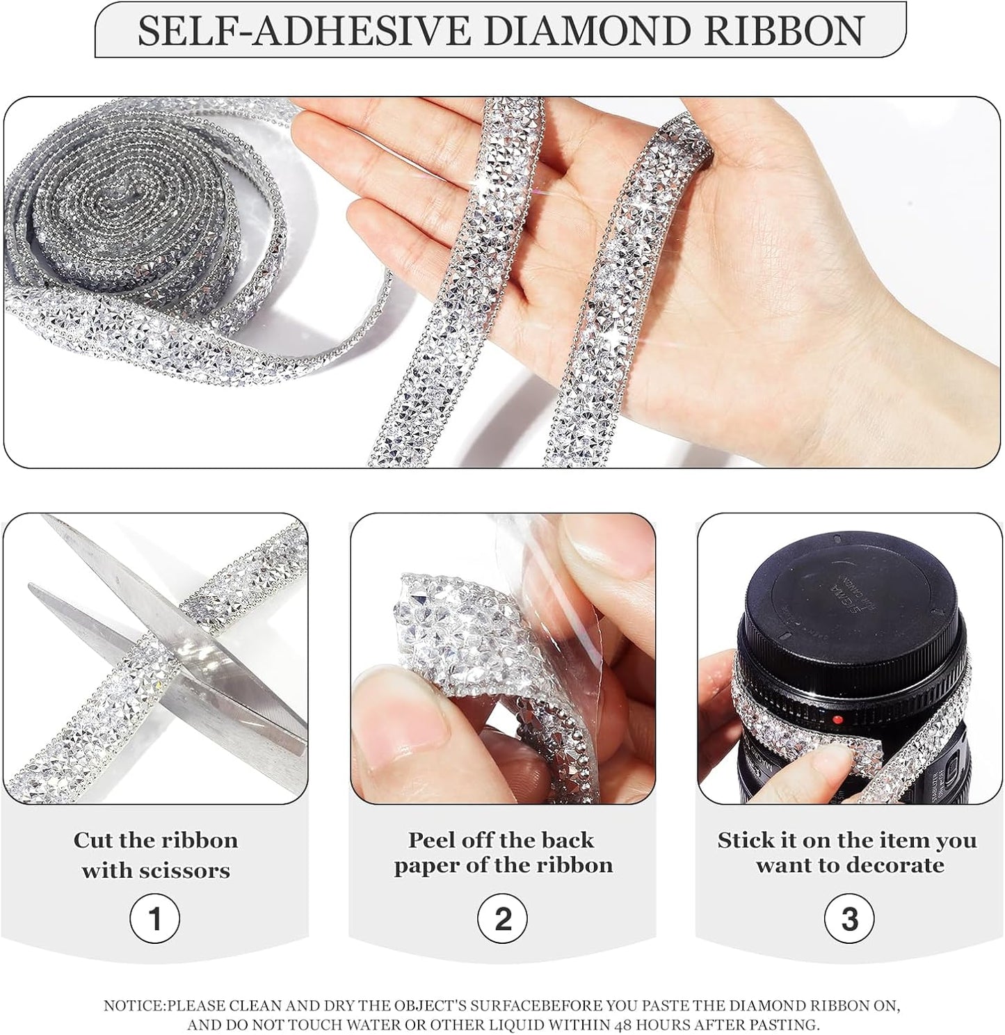 Rhinestone Ribbon 3 Yards Self Adhesive Rhinestone Strips Diamond Ribbon Sticker Crystal Roll Glitter Bling Rhinestones Tape for Crafting DIY Art Decoration (Silver,0.6 Inch)