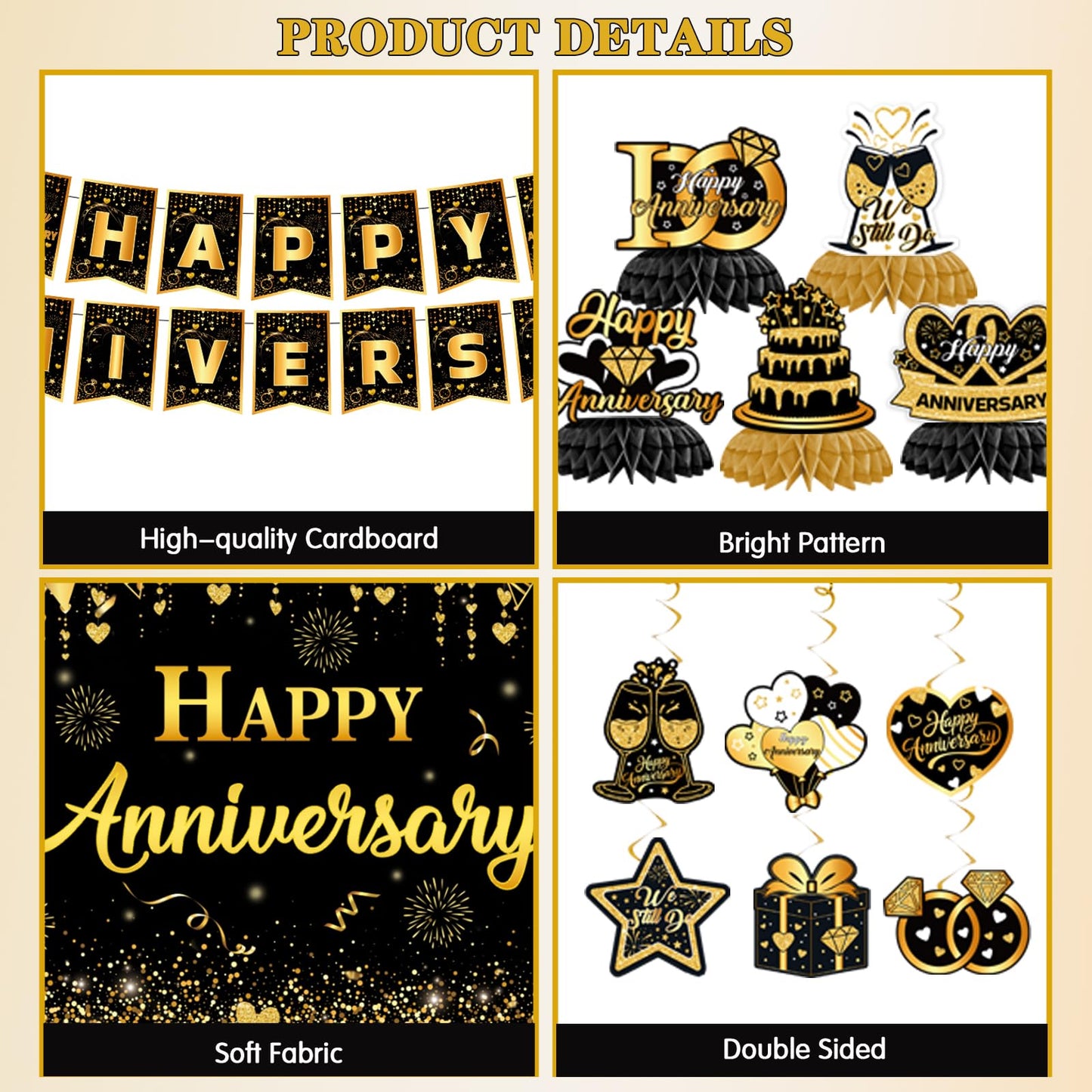 Happy Anniversary Decorations - Black Gold Wedding Party Decorations Kit, Happy Anniversary Banner