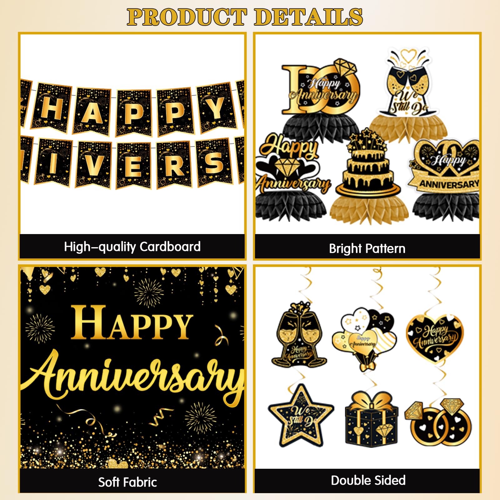 Happy Anniversary Decorations - Black Gold Wedding Party Decorations Kit, Happy Anniversary Banner