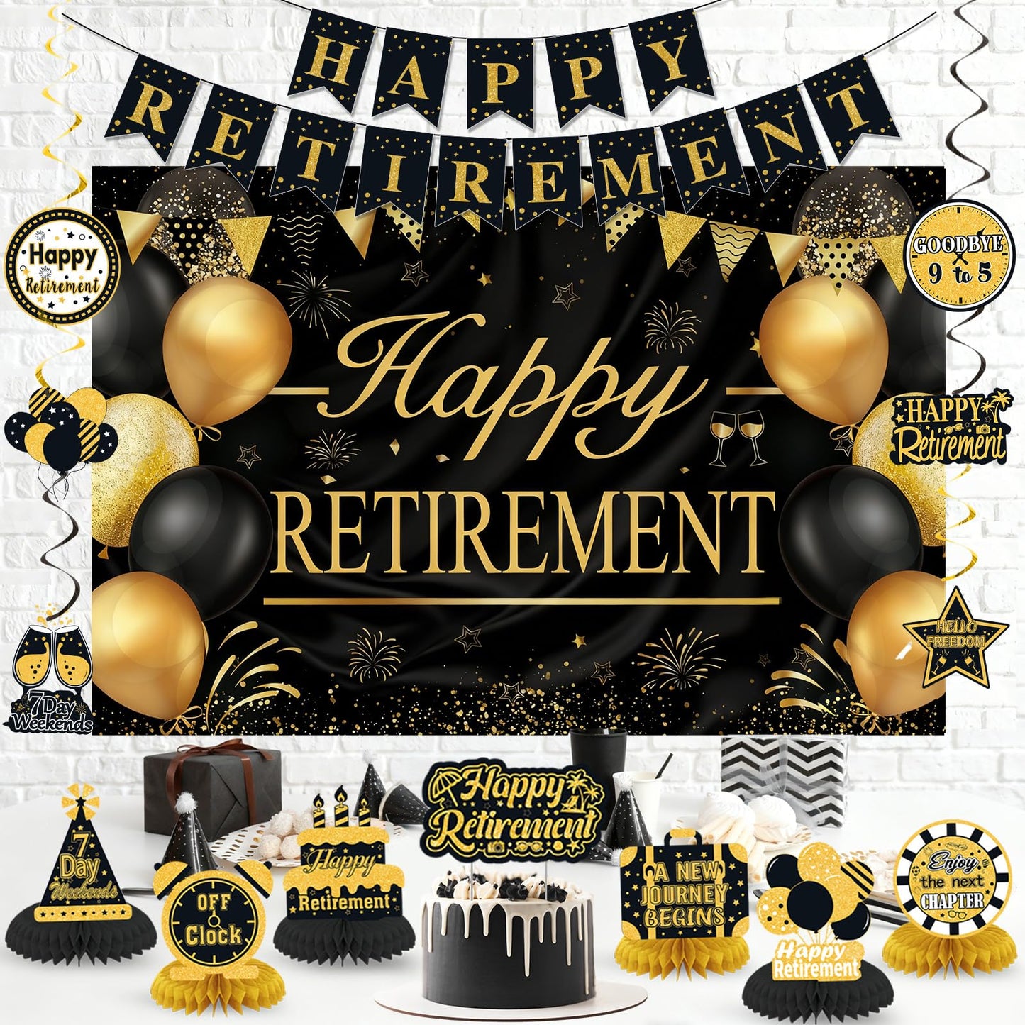 Retirement Party Decorations for Men Women Black Gold Happy Retirement Banner Backdrop Honeycomb