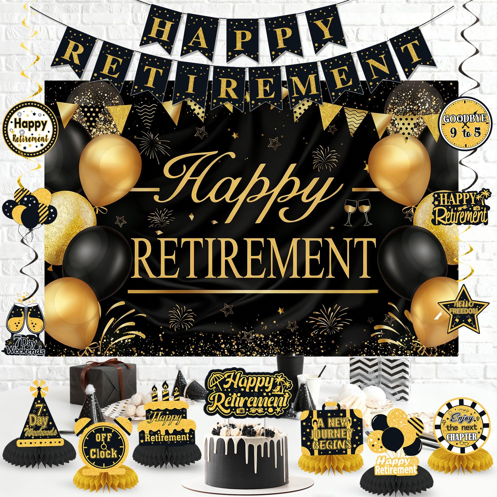Retirement Party Decorations for Men Women Black Gold Happy Retirement Banner Backdrop Honeycomb