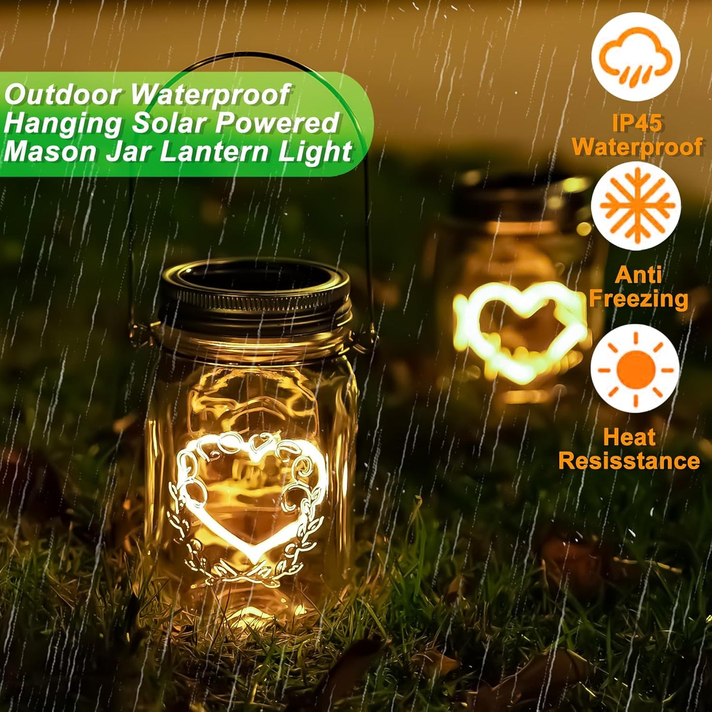 Hanging Solar Mason Jar Lights, 4 Pack Heart Shape Led Lights, Solar Lanterns Outdoor Waterproof Lights, Hangers and Jars Included, Gift for Mothers Day,Home Party Wedding Lover Garden Patio Decor (4)