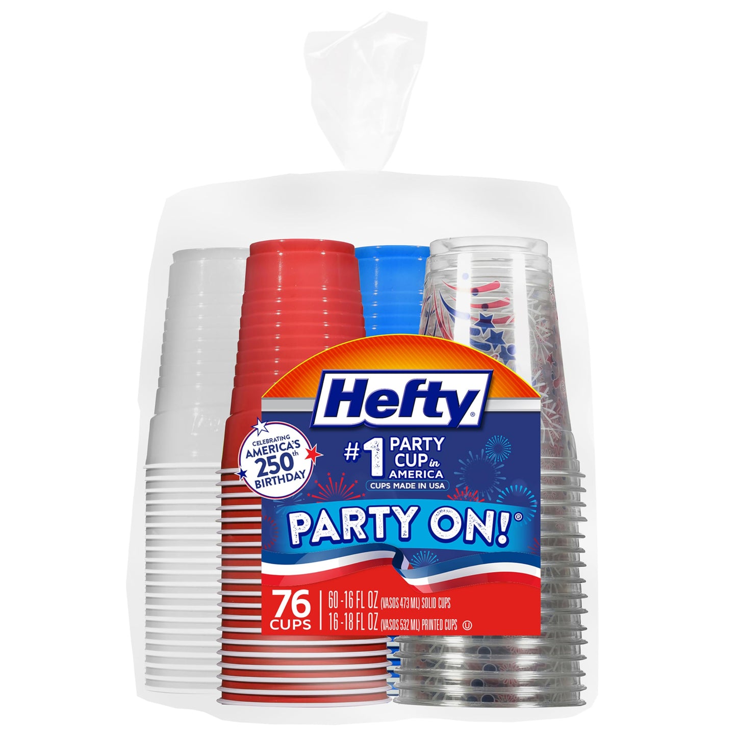 Hefty Party On Disposable Party Cups, Patriotic Color Pack, 76ct