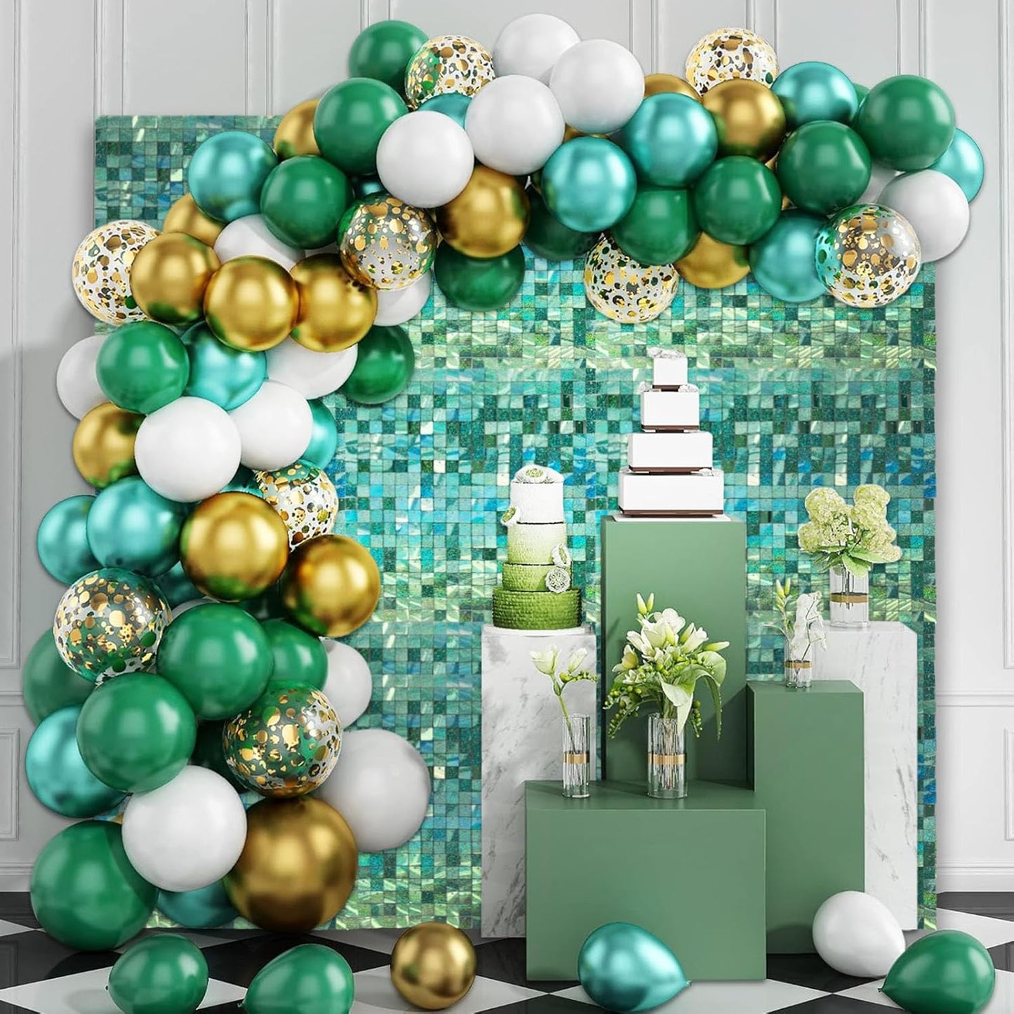 24PCS Light Green Shimmer Wall Backdrop, Laser Square Sequin Photo Backdrops Panel, Glitter Wall Background for Birthdays, Weddings, Christmas, Engagements, Disco Bachelorette Party Decor (4FTx6FT)