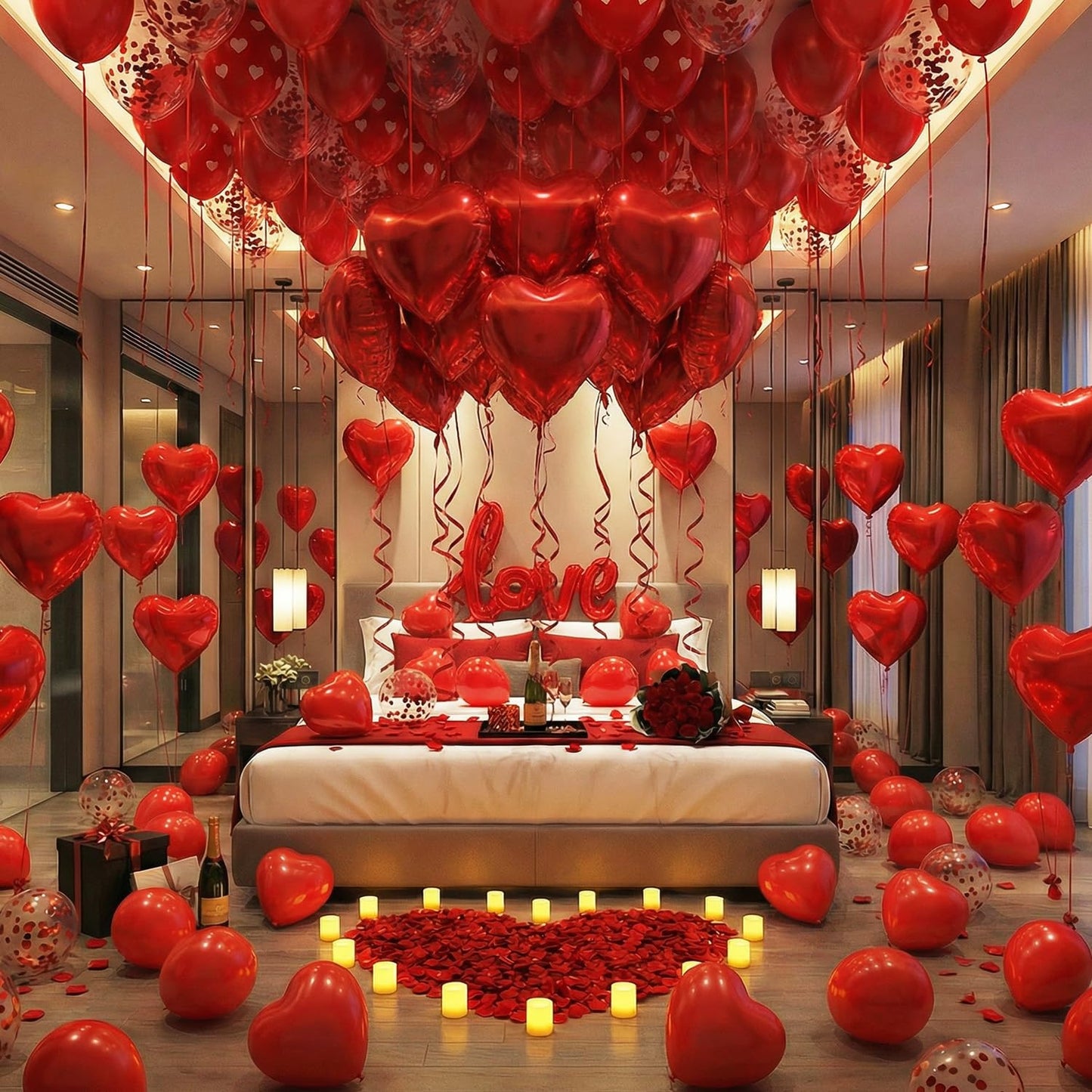 Valentine’s Day Decorations Set – Red Heart Balloon Kit with LOVE Foil, LED Candle Lights & Rose
