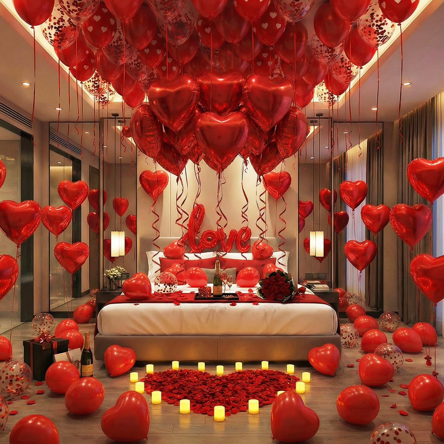 Valentine’s Day Decorations Set – Red Heart Balloon Kit with LOVE Foil, LED Candle Lights & Rose