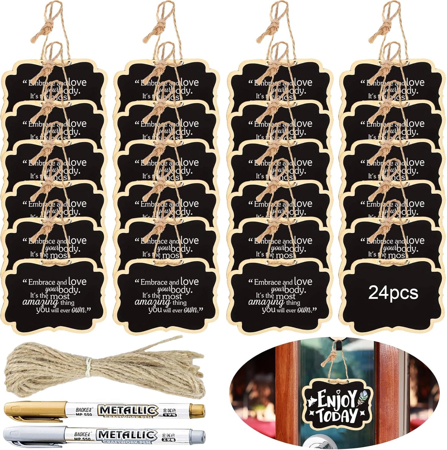 24PCS Reusable Chalkboard Tags with String, ULENDIS 2.36x3.35 Inch Wooden Chalkboards Signs with Gold and Silver Markers, Double-Sided Blackboard for Message Board Signs, Hanging Chalkboard Labels