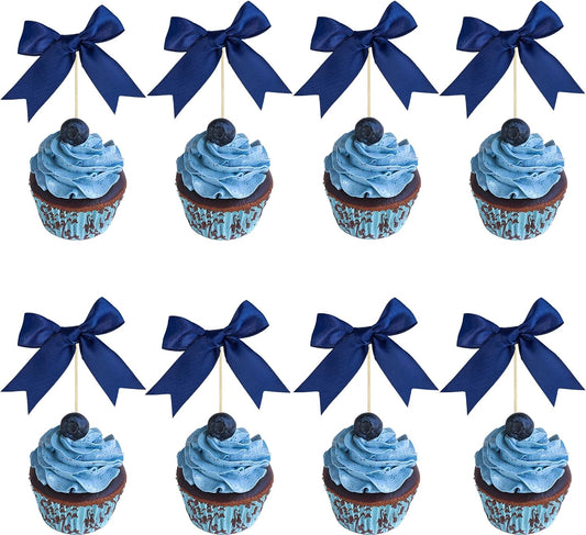 Gyufise 24Pcs Bow Cupcake Toppers Coquette Bow Girls Birthday Cake Decorations Bowknot Cake Toppers Bowknot Cupcake Picks for Baby Shower Birthday Wedding Bridal Engagement Party Supplies Dark Blue