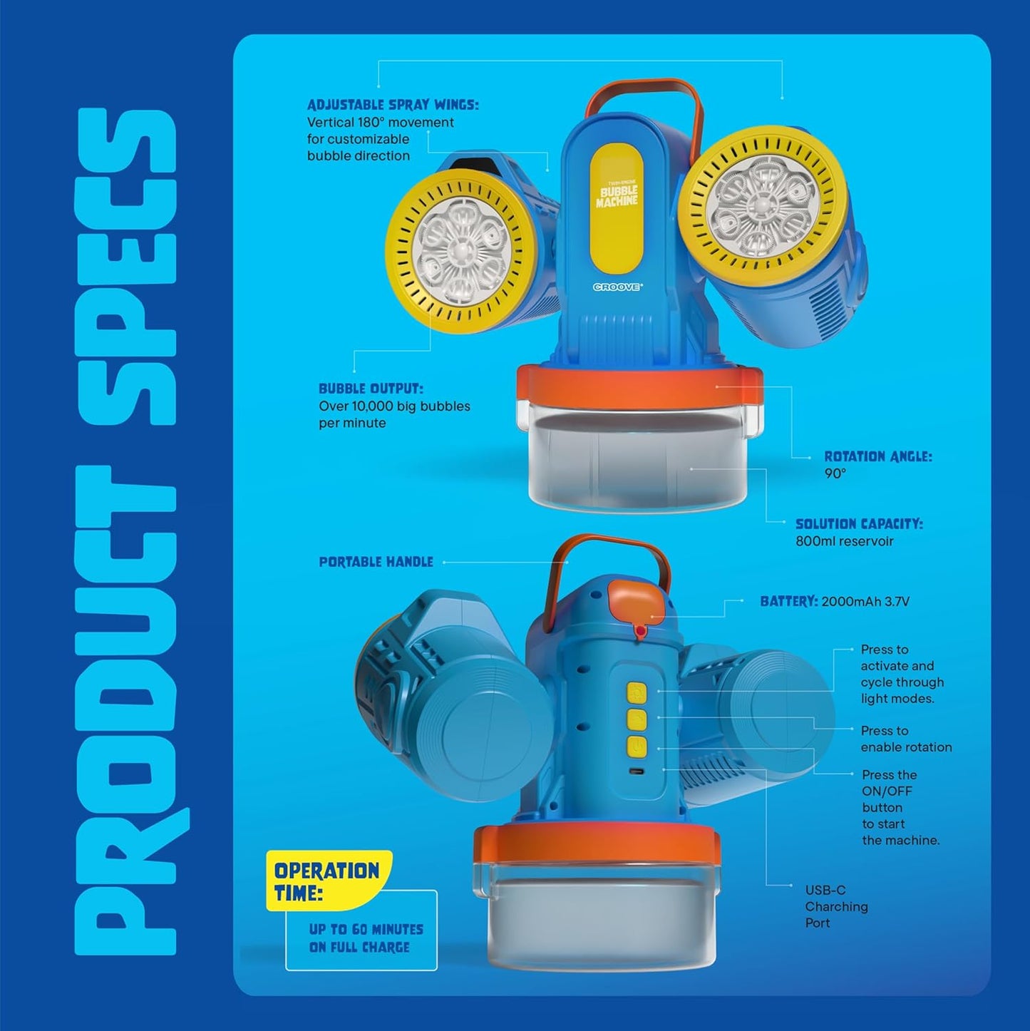 Croove Rechargeable Bubble Machine for Kids, 180° Rotation 10,000+ Big Bubbles Per Minute, Boy Birthday Gift, Outdoor Toys Games & Activities, Gifts for Toddlers, Boys & Girls Age 3,4,5,6,8+ Year Old