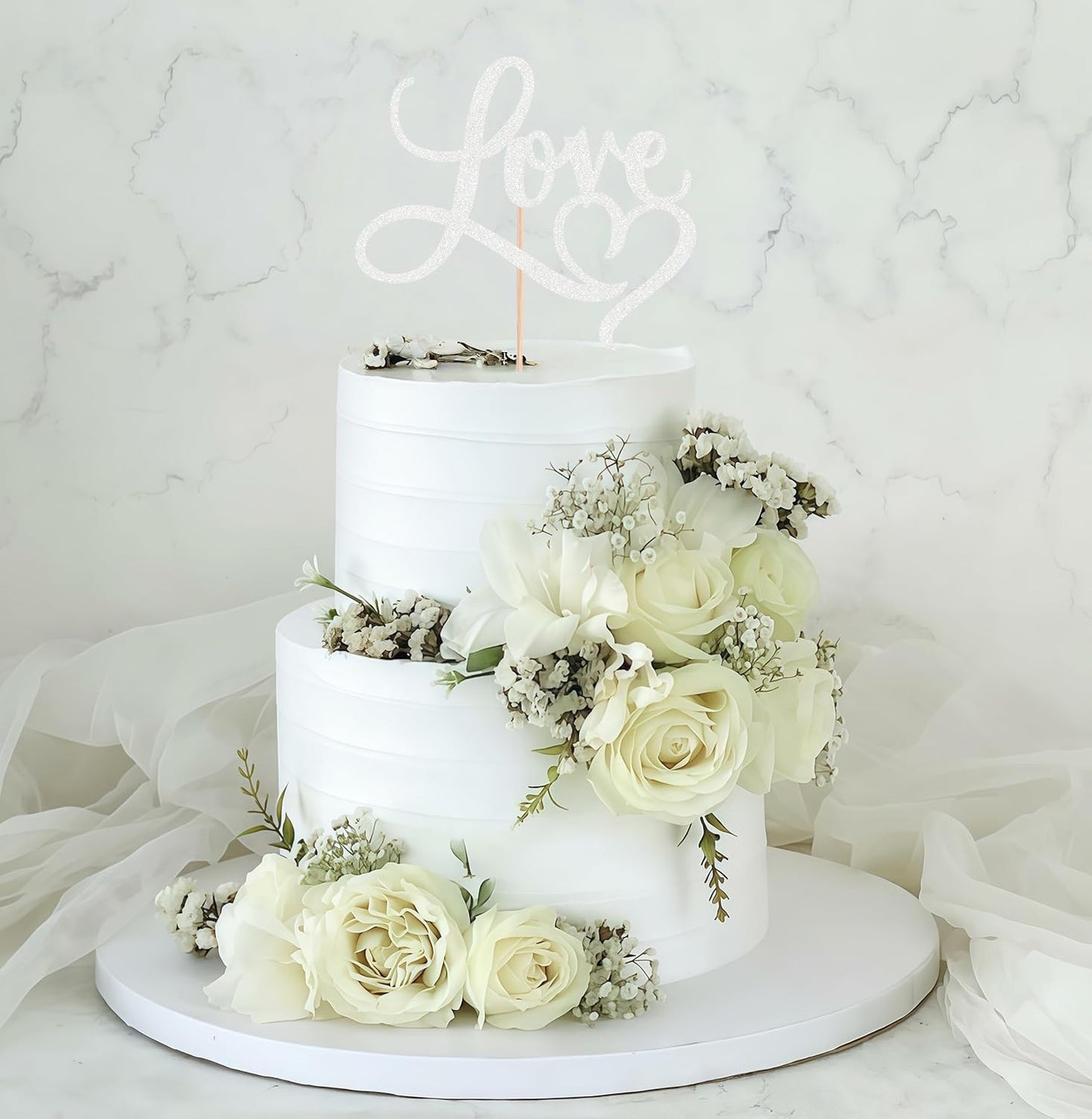 Love Cake Topper - Silver Glitter Paper Wedding Cake Decoration Supplies, Perfect for Bridal Shower/Engagement/Anniversary/Birthday Party