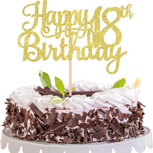 1 PCS Happy 18th Birthday Cake Topper Gold Glitter Cheers to 18 Years Birthday Cake Pick 18 Fabulous Cake Decoration for Happy 18th Birthday Theme Party Decorations Supplies