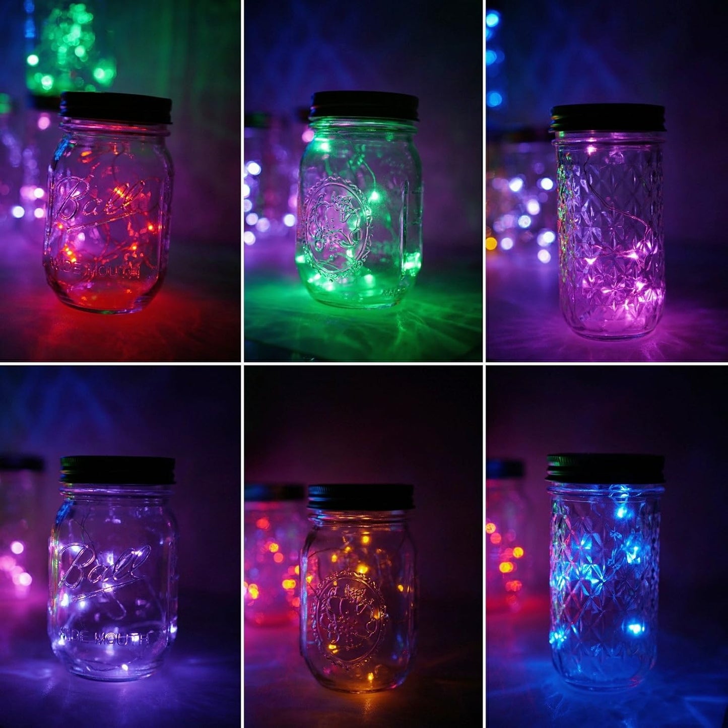 6 Pack Mason Jar Lights, 10 LED Solar Multi-Colored Fairy String Lights Lids Insert for Garden Deck Patio Party Wedding Decorative Lighting Fit for Regular Mouth Jars