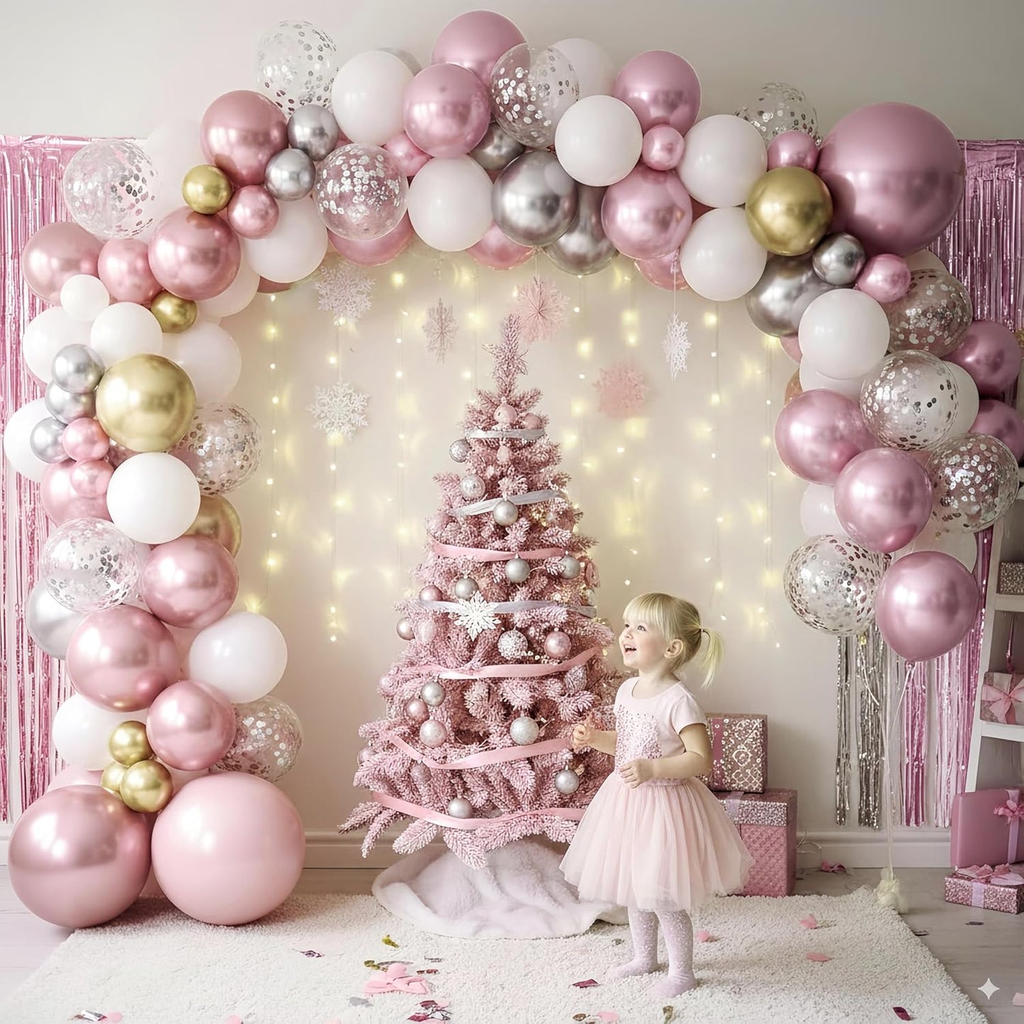 Pink White Winter Wonderland Snowflake Balloons Set, Metallic Light Pink Gold Silver White Snowflake Confetti Balloons for Girl Christmas Birthday Winter Onederland Baby Shower Xmas Party Decorations