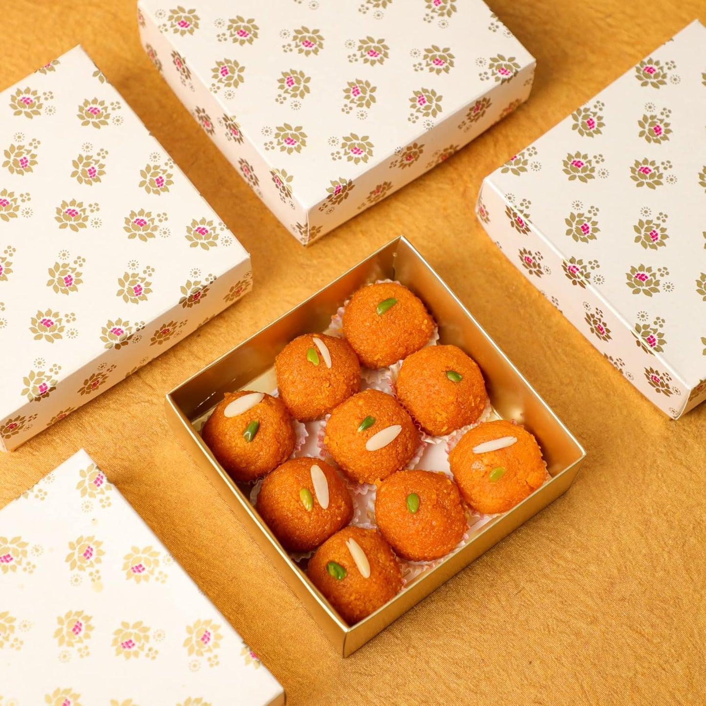 Desi Favors Floral Printed Sweet Boxes for Indian Sweets, Cookies, Goodies, Mithai, Candy, Gift Boxes with Lids Bulk, Handmade Bulk Mithai Box, Favor Boxes for Wedding, 2.95x5.51 Inch (Pack of 4)