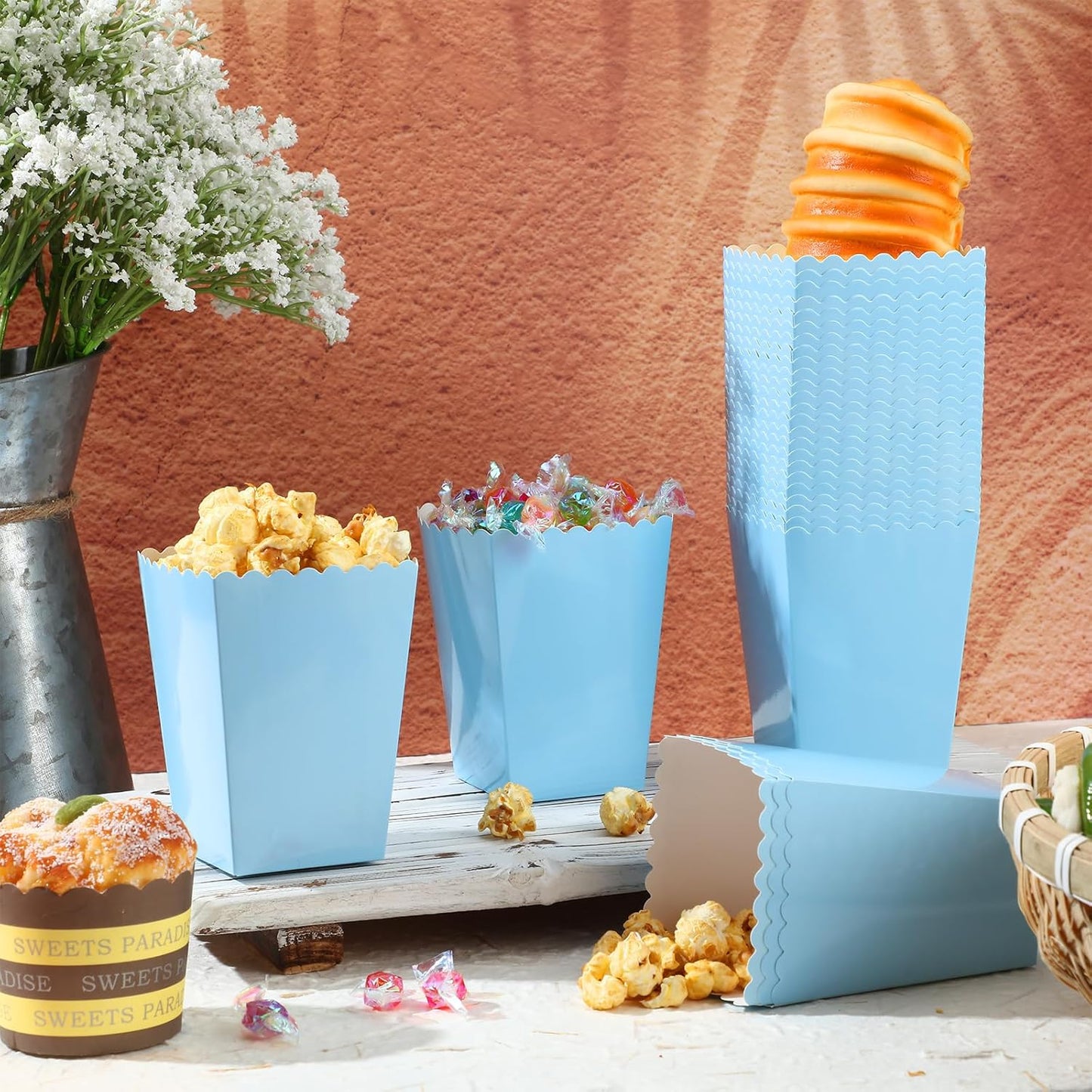 200 Pcs Popcorn Boxes Mini Paper Popcorn Box Cardboard Popcorn Container for Party Disposable Snack Candy Popcorn Bags Popcorn Holder for Birthday Wedding, 2.2 x 4.2 x 3 In (Blue,Simple)