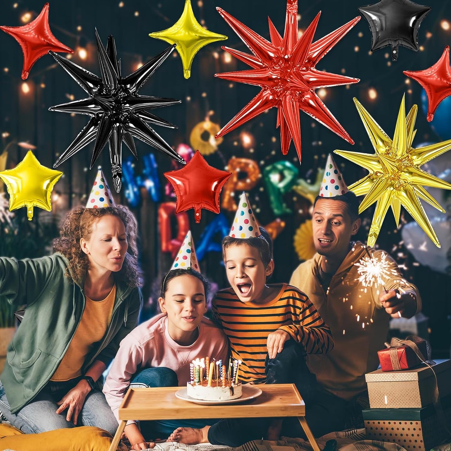 Black Gold Red Star Balloon,16Pcs Star Foil Balloons Set with 22Inch Explosion Spike Cone Balloons and 10Inch Quadrangle Helium Balloon for Birthday Wedding Baby Shower Party Decorations