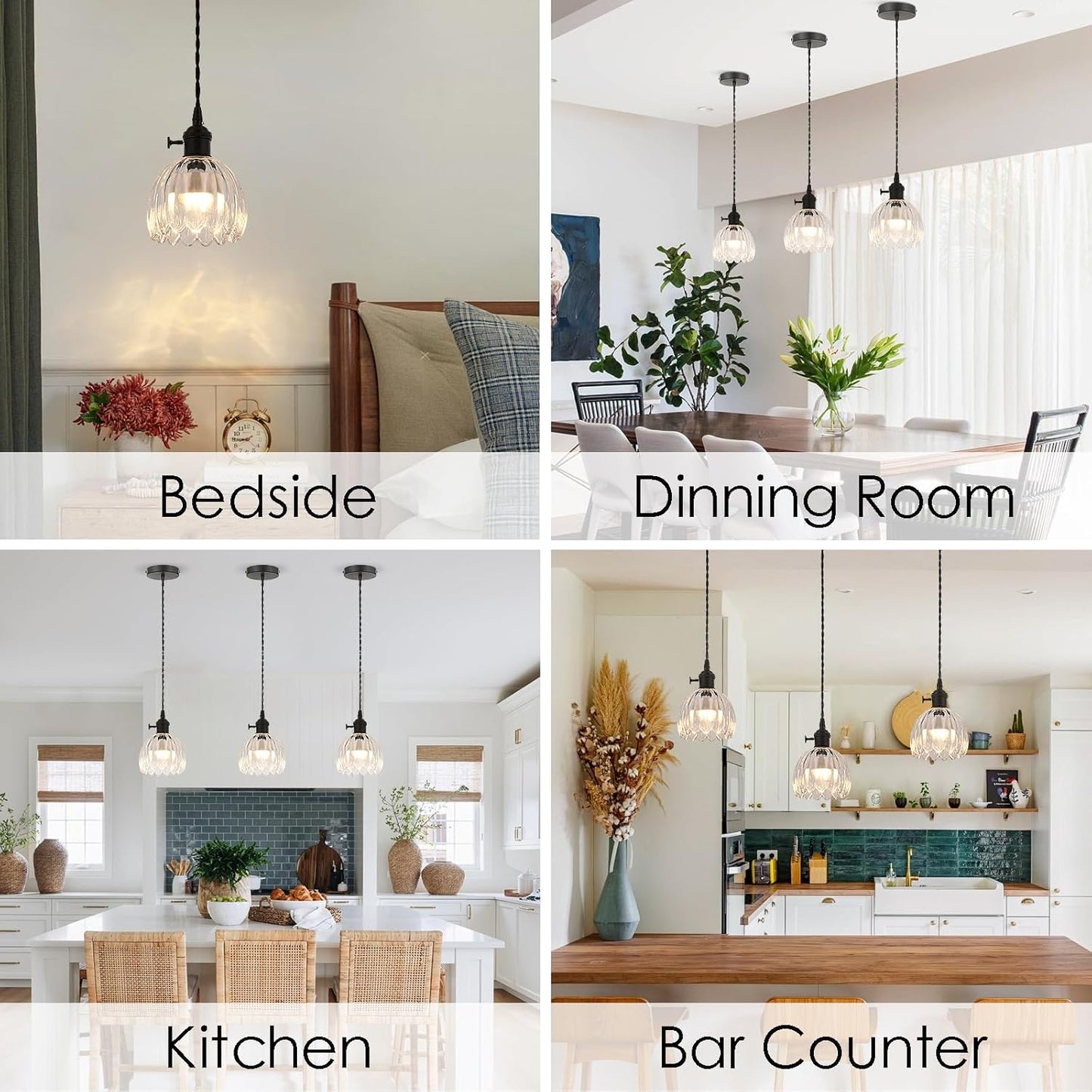 Vintage Black Rechargeable Pendant Light with 70 Inch Cord and Exquisite Tulip Clear Glass Shade for Kitchen Island, Living Room & Dining Room, Ideal Hanging Light for Multiple Spaces