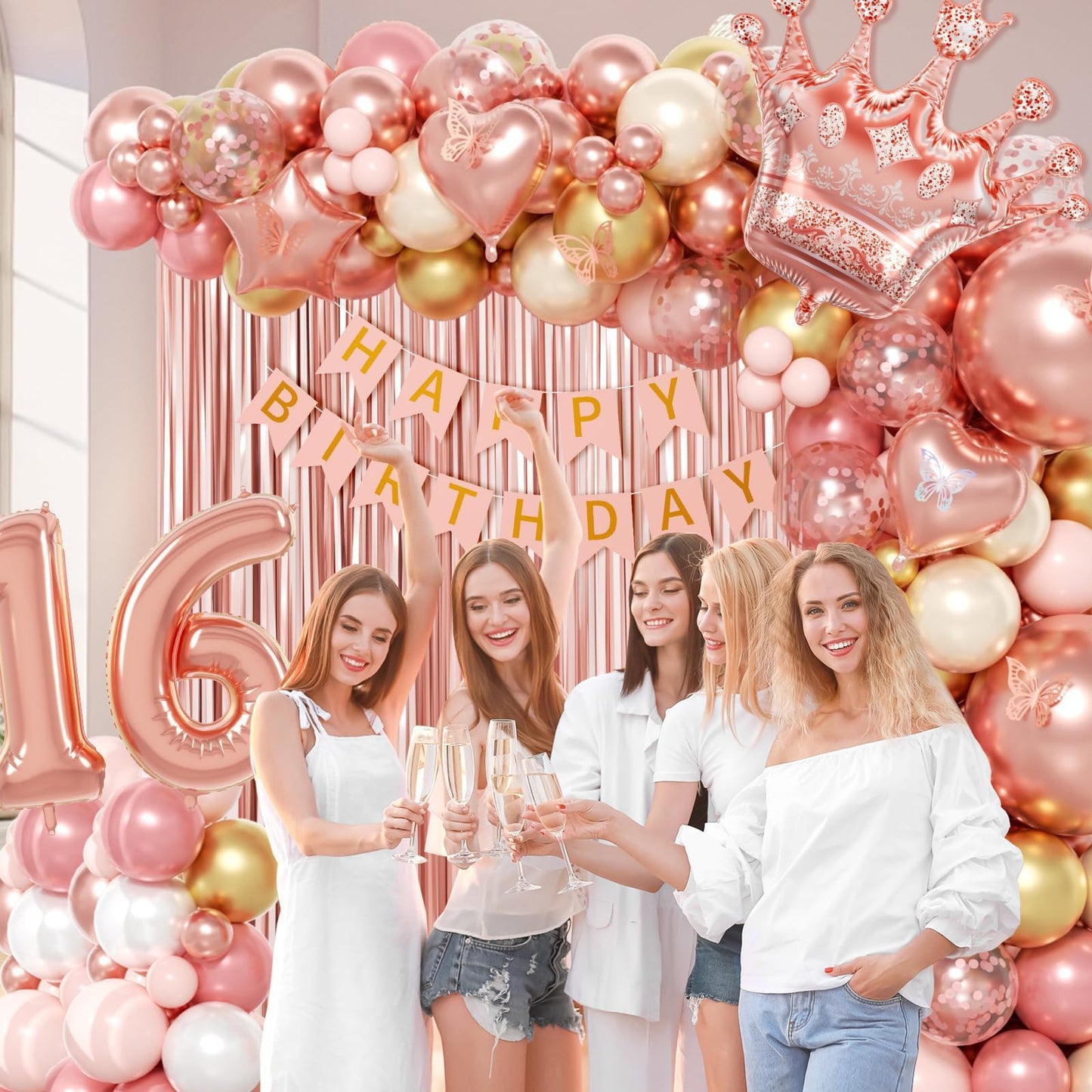 123pcs Sweet 16 Party Decorations with Rose Gold Pearl and White Balloons