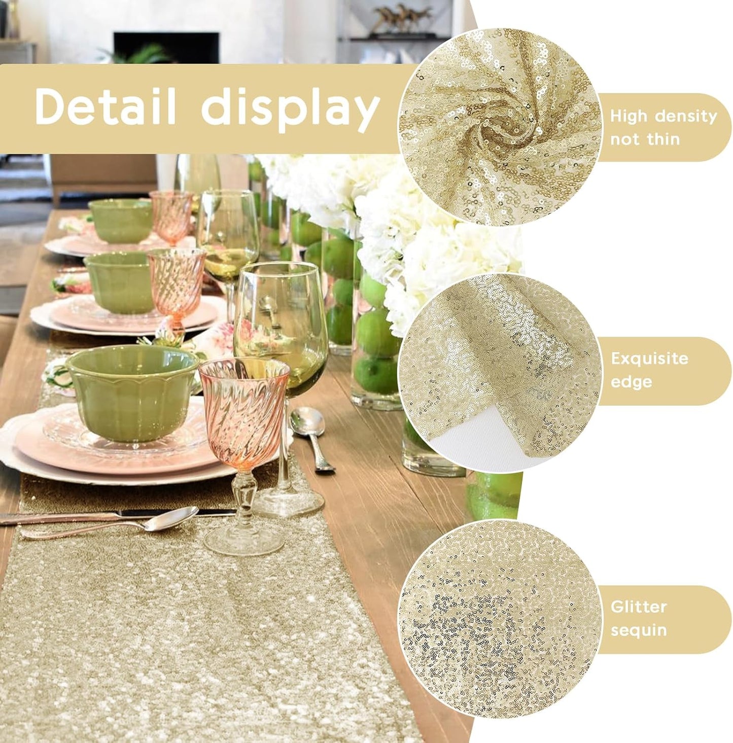 2 Packs 12 x 72 inches Sequin Table Runner, Champagne Glitter Table Runner for Birthday Party Supplies Wedding Engagement Baby Shower Holiday Celebration Event Decorations