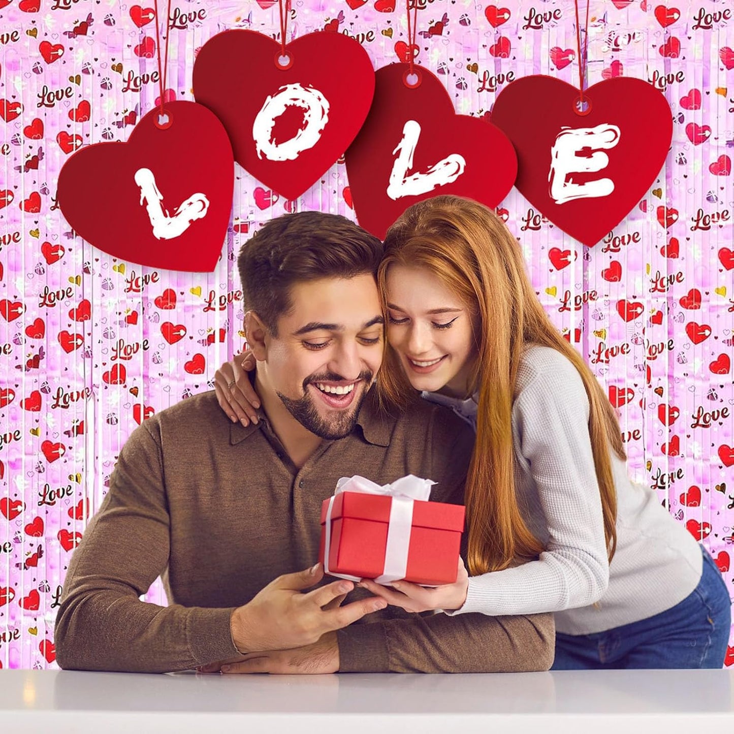 4 Pack Love Pink Wave Foil Fringe Curtain Backdrop, 3.28Ft x 8.2Ft Metallic Tinsel Foil Fringe Streamer Curtains for Photo Booth, Mother's Day, Easter, Birthday, Wedding Party Decoration