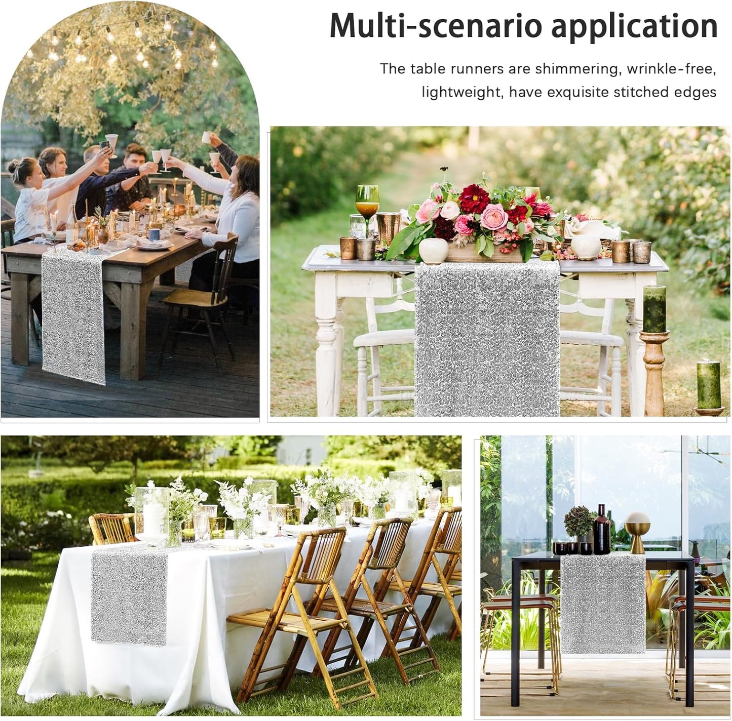 10 Packs 12 x 72 inches Sequin Table Runner, Silver Glitter Table Runner for Birthday Party Supplies Wedding Engagement Baby Shower Holiday Celebration Event Decorations