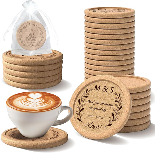 Custom Coasters Personalized Cork Coasters Bulk with Logo Wedding Personalized Cork Natural Wood Engraved Drink for Wedding Favors (Cork Coasters - Circle)